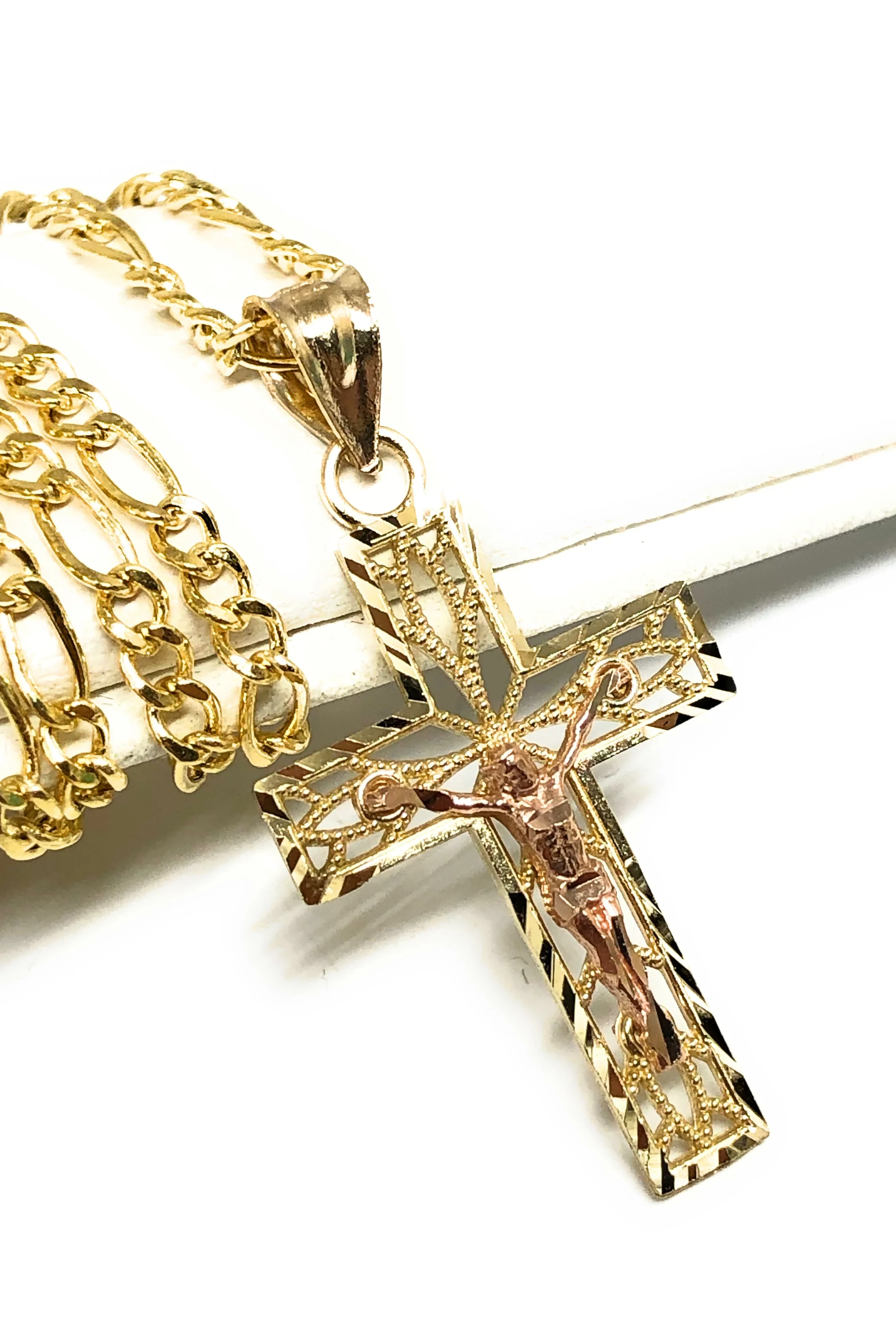 14k Solid Gold Yellow & Rose 2-Tone Jesus Cross Crucifix Pendant Necklace - Image 3