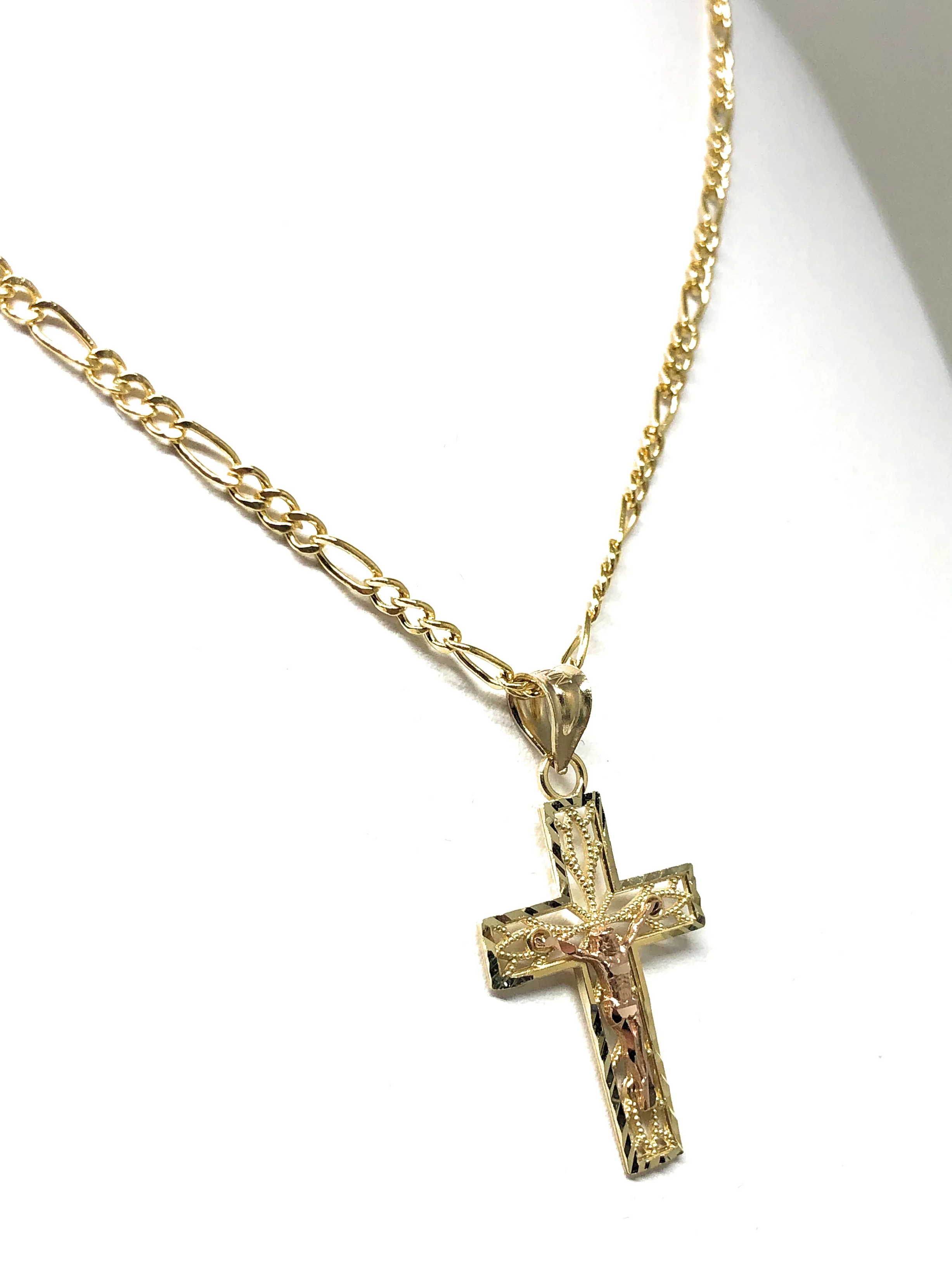 14k Solid Gold Yellow & Rose 2-Tone Jesus Cross Crucifix Pendant Necklace - Image 4
