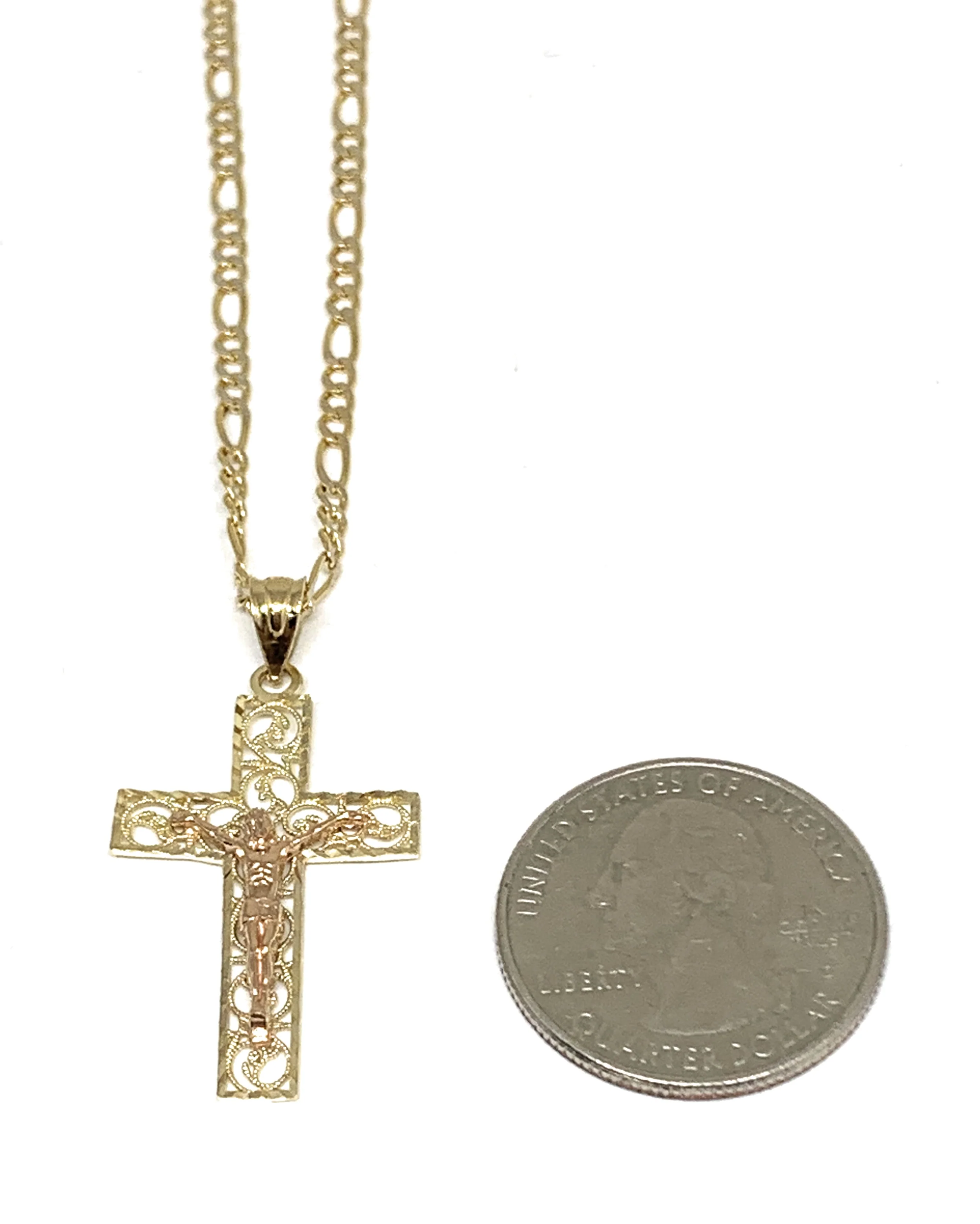 14k Solid Gold Yellow & Rose Gold Classic Jesus Cross Pendant Necklace Crucifix With Figaro Chain - Image 2