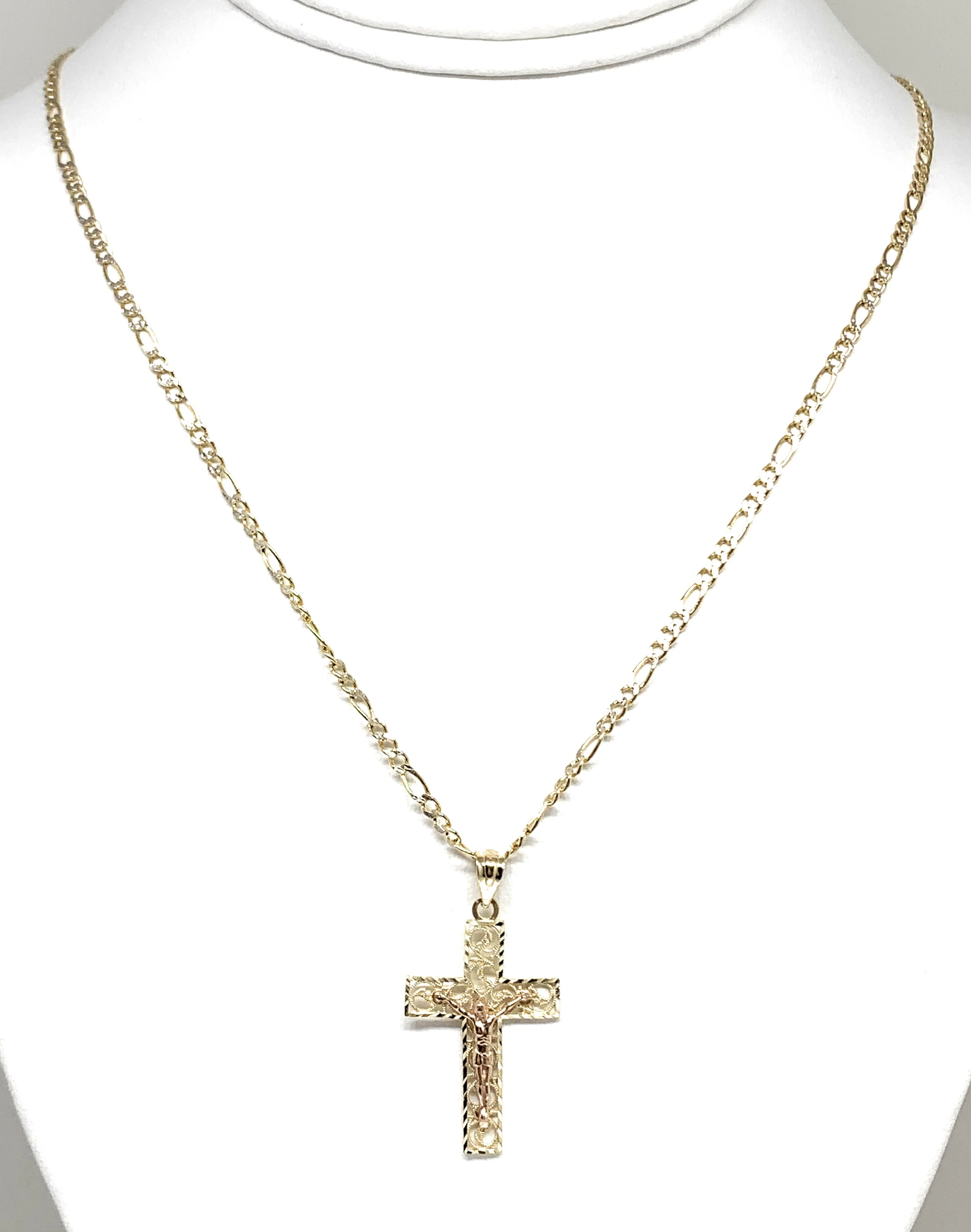 14k Solid Gold Yellow & Rose Gold Classic Jesus Cross Pendant Necklace Crucifix With Figaro Chain - Image 3
