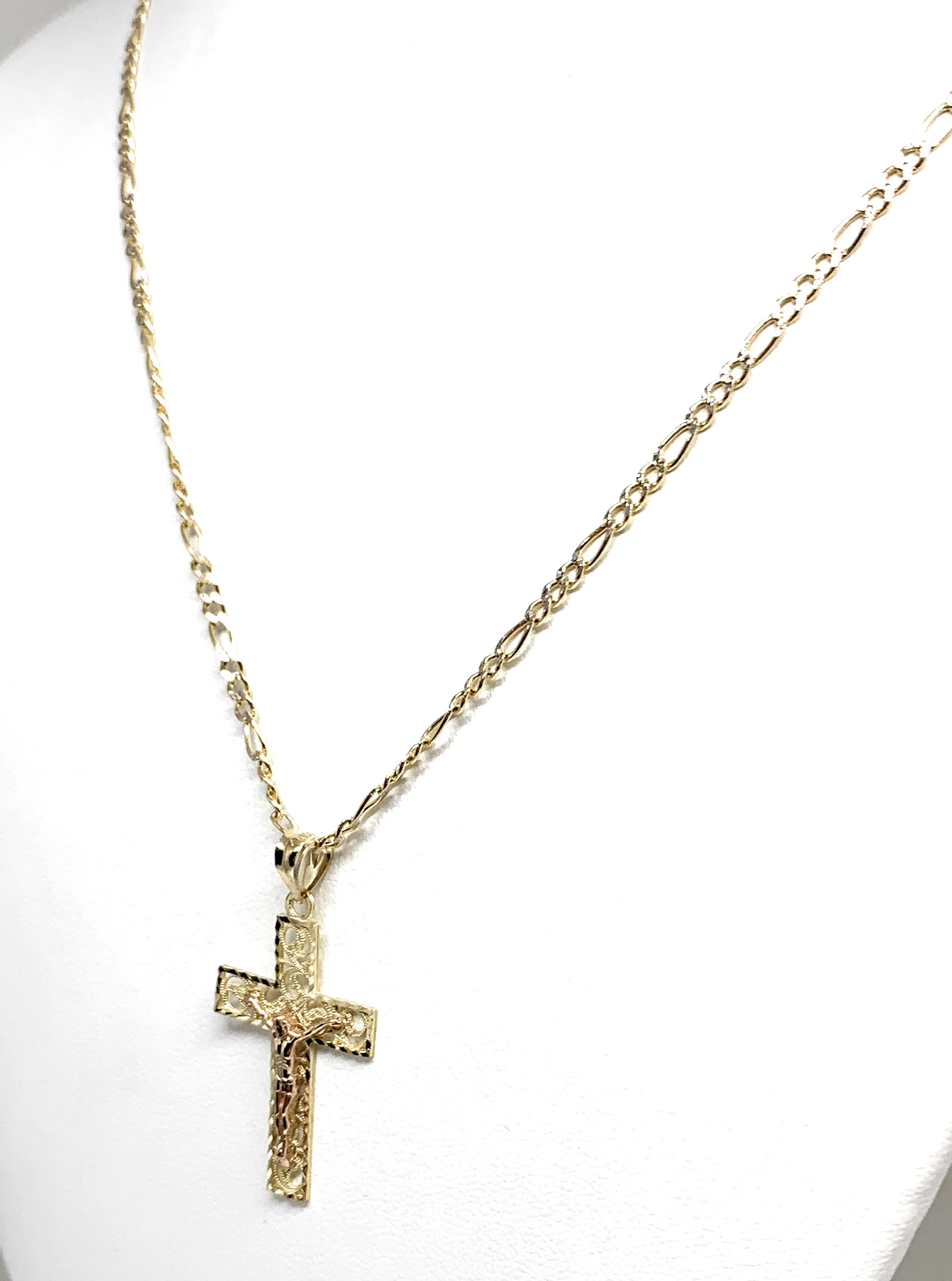 14k Solid Gold Yellow & Rose Gold Classic Jesus Cross Pendant Necklace Crucifix With Figaro Chain - Image 4