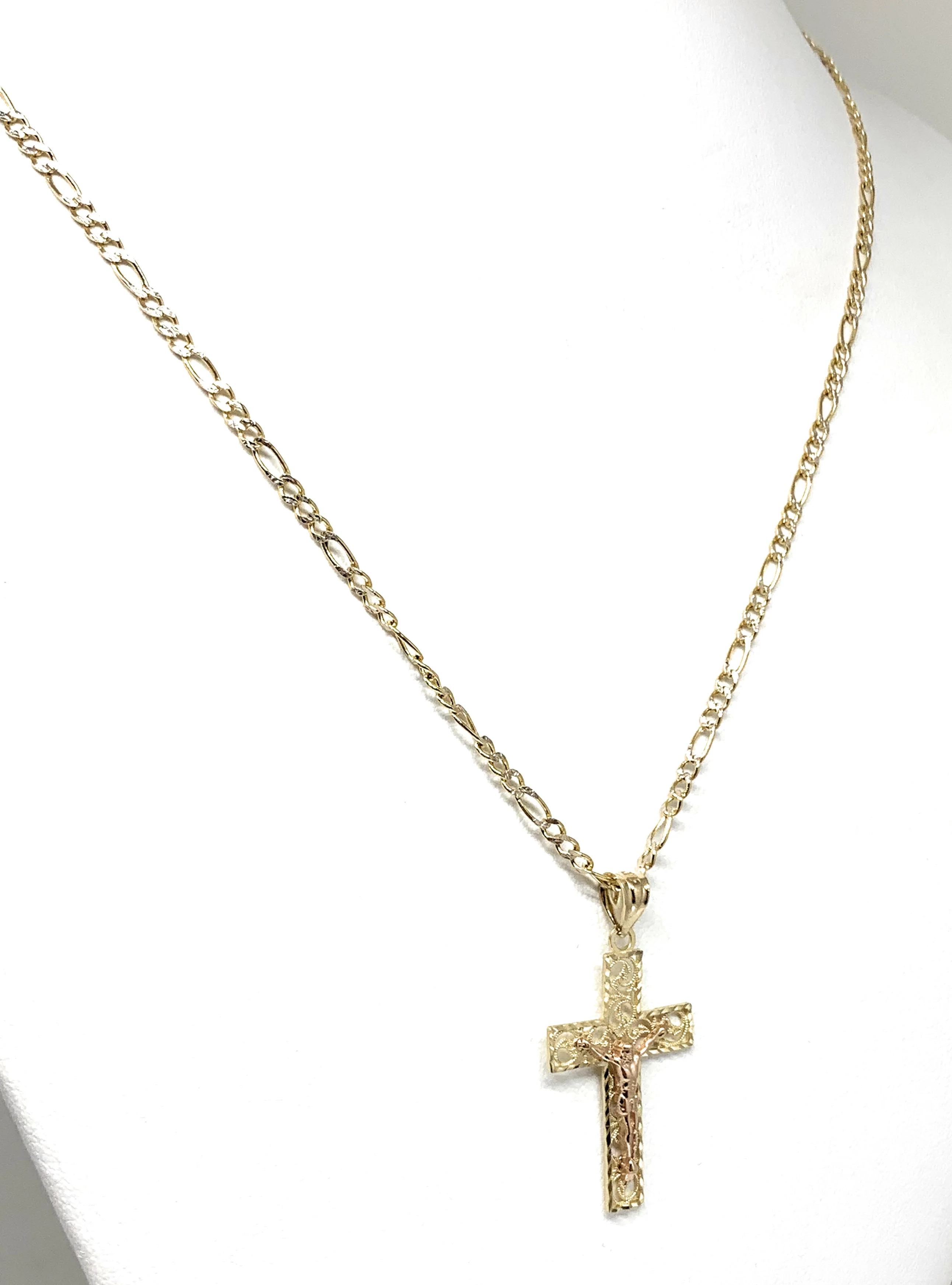 14k Solid Gold Yellow & Rose Gold Classic Jesus Cross Pendant Necklace Crucifix With Figaro Chain - Image 5