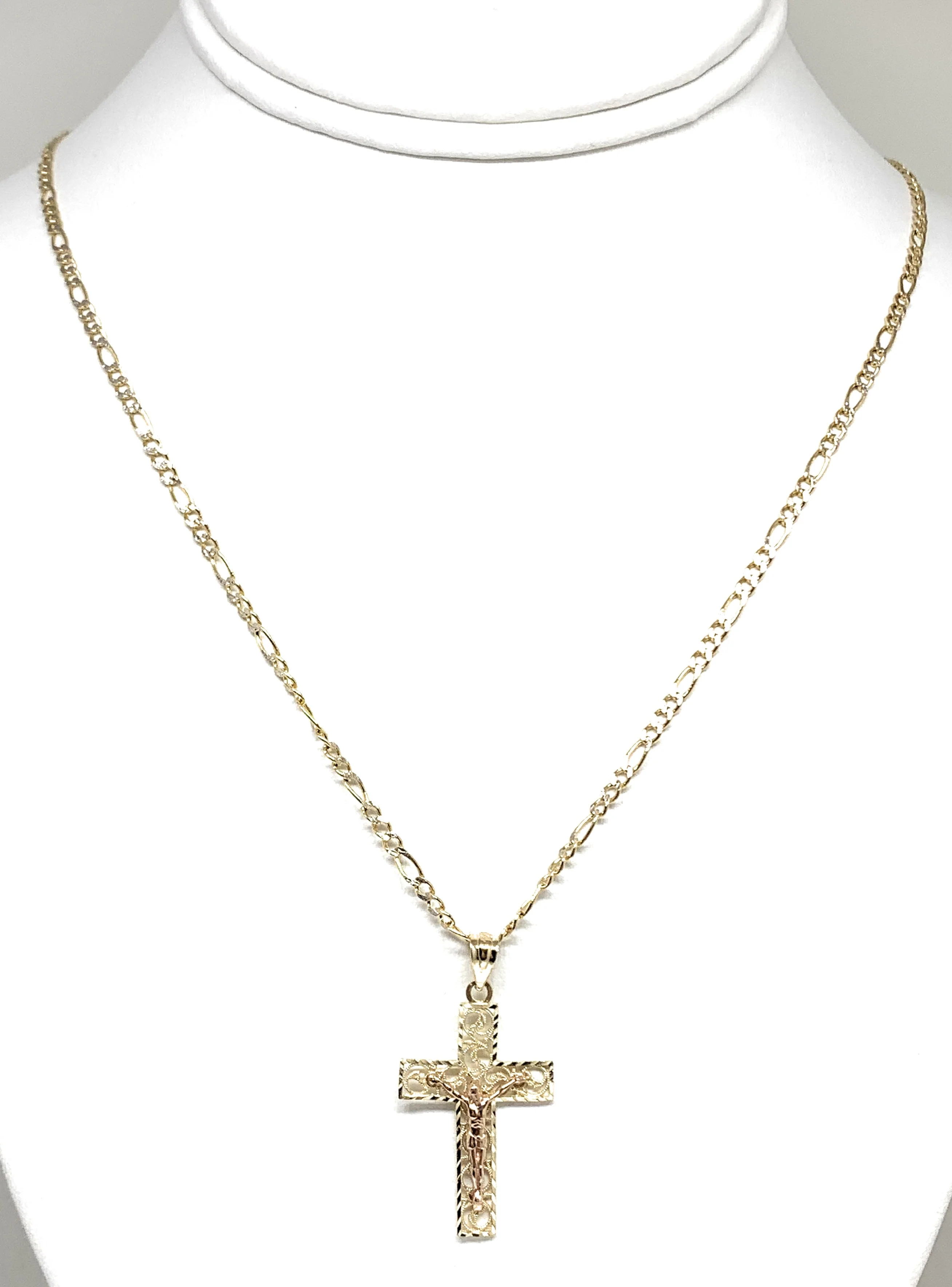 14k Solid Gold Yellow & Rose Gold Classic Jesus Cross Pendant Necklace Crucifix With Figaro Chain - Image 6