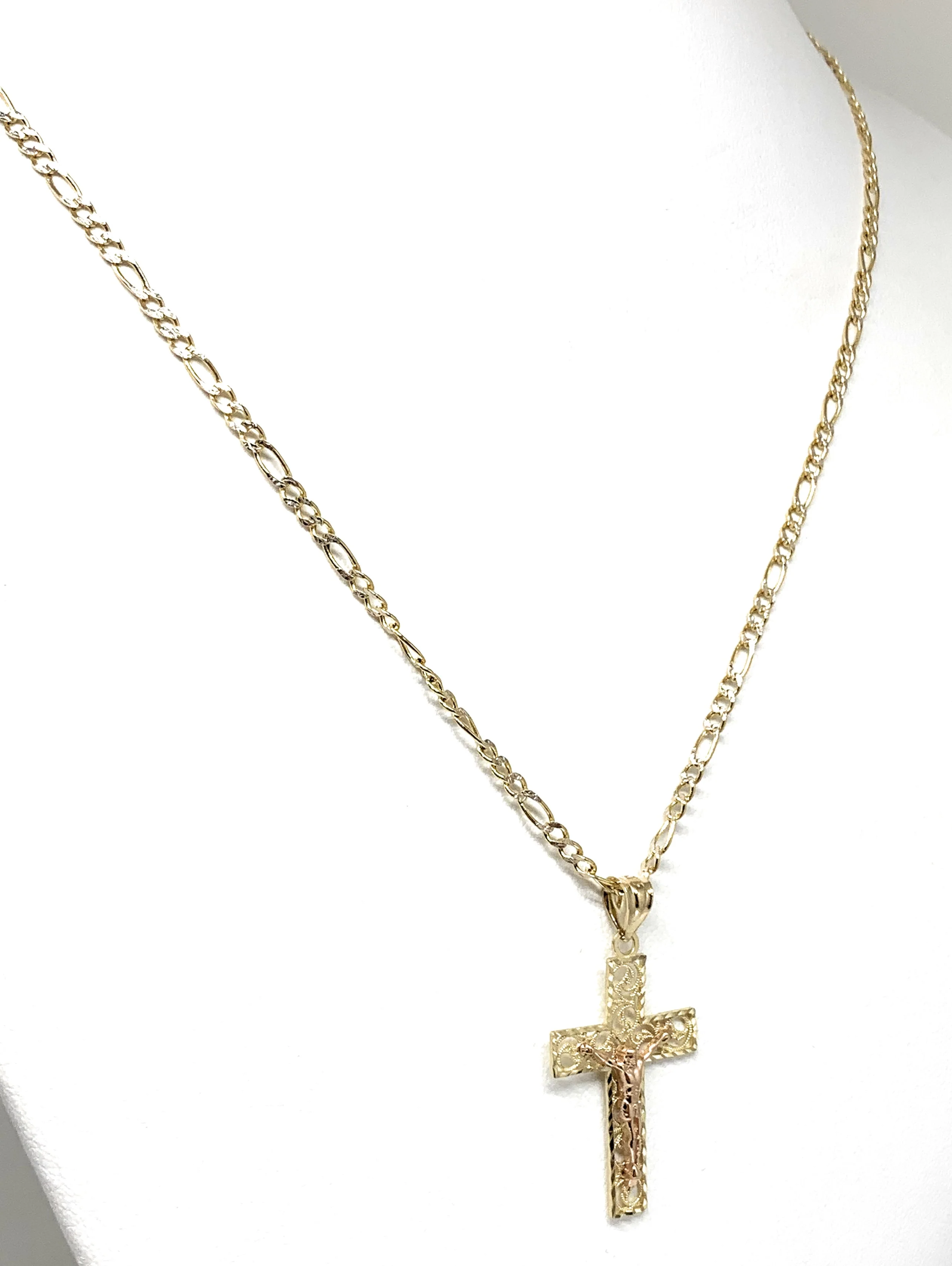 14k Solid Gold Yellow & Rose Gold Classic Jesus Cross Pendant Necklace Crucifix With Figaro Chain - Image 7