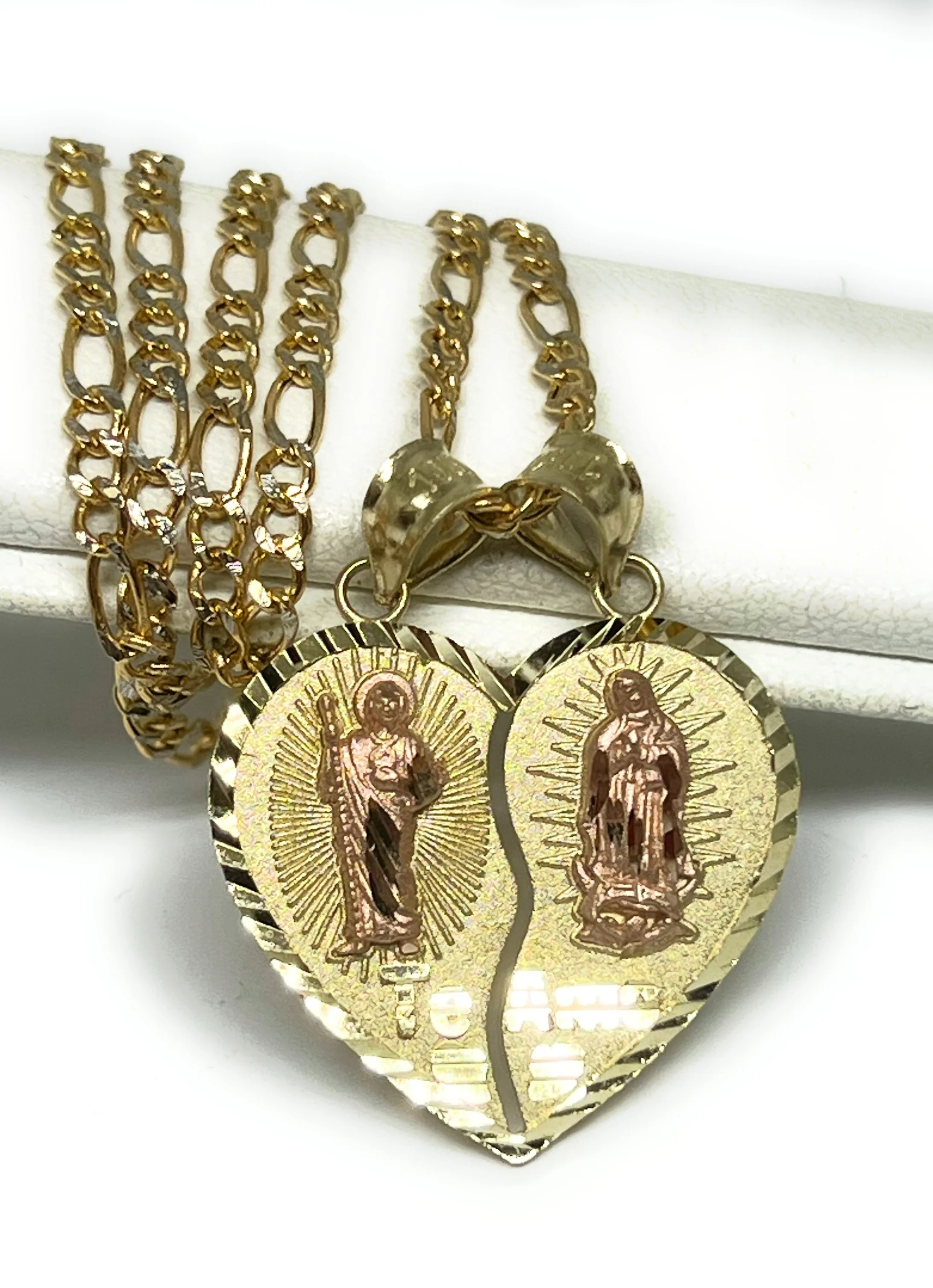 14k Solid Gold Yellow & Rose Gold Double Virrgin Mary & Sann Judas Heart Split Pendant