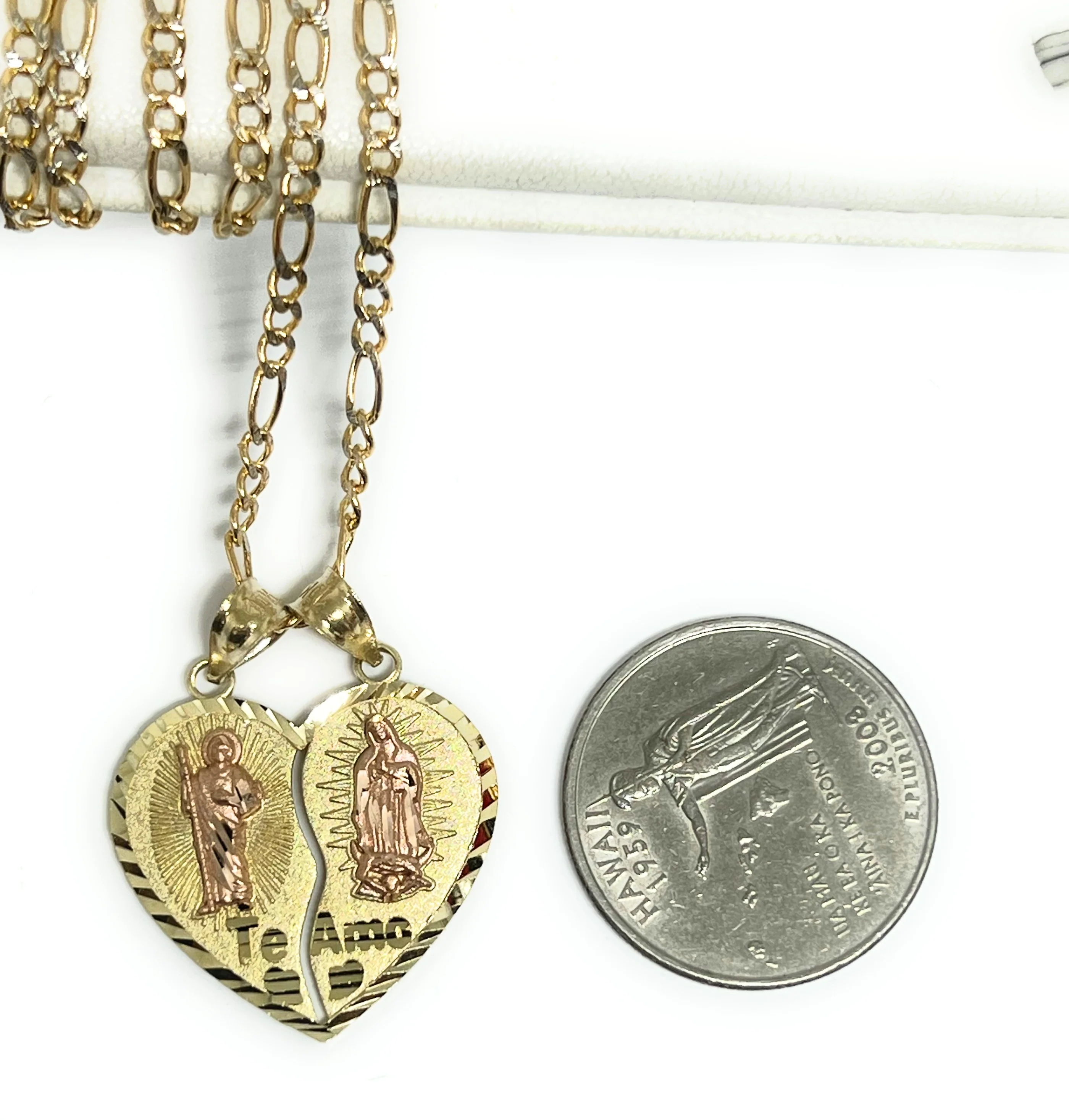 14k Solid Gold Yellow & Rose Gold Double Virrgin Mary & Sann Judas Heart Split Pendant - Image 2