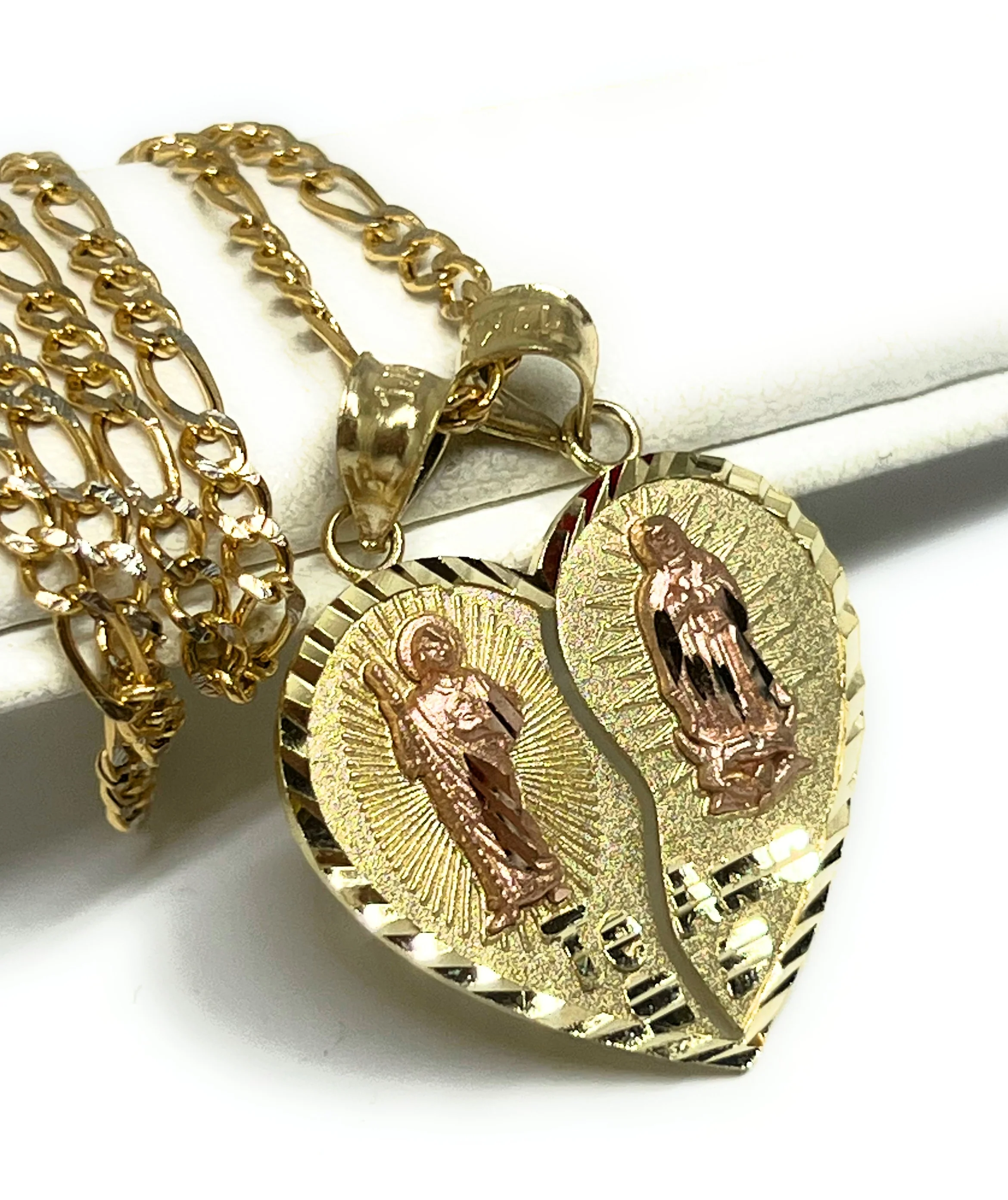 14k Solid Gold Yellow & Rose Gold Double Virrgin Mary & Sann Judas Heart Split Pendant - Image 3