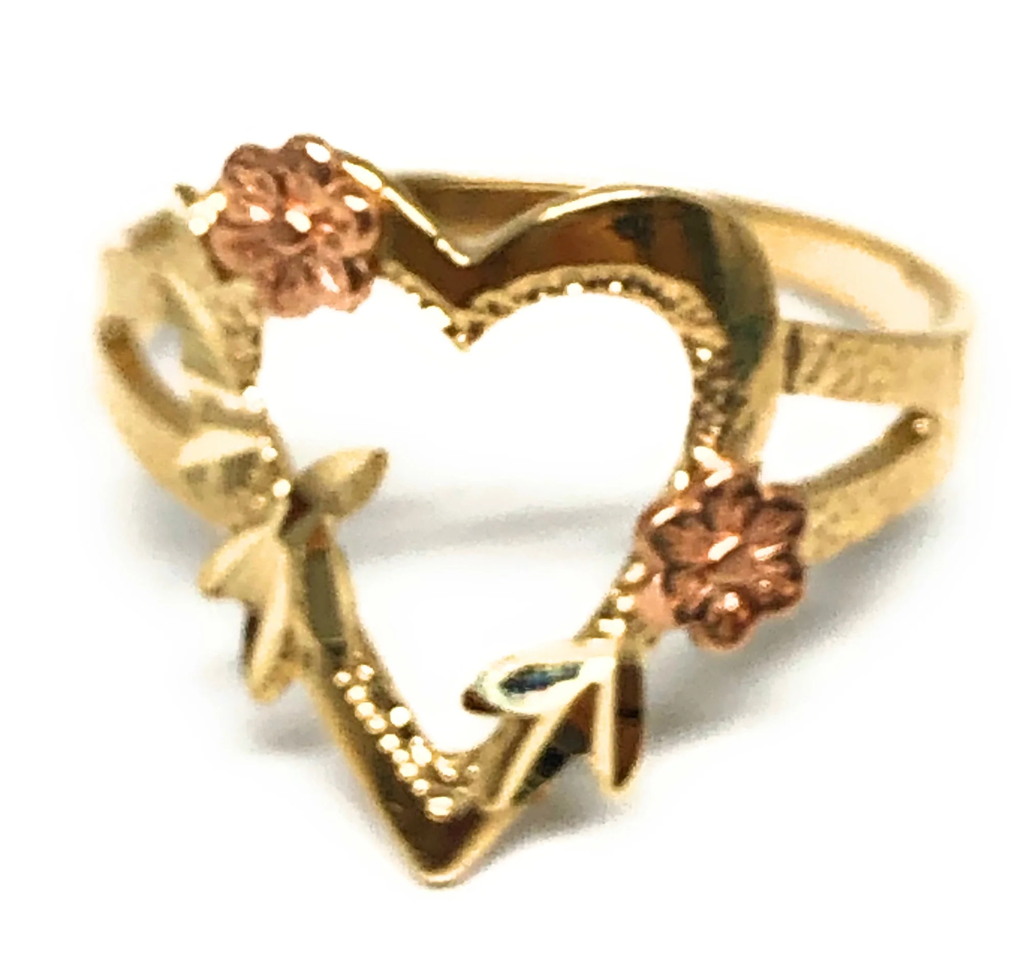 14k Solid Gold Yellow & Rose Gold Heart Flower Ring
