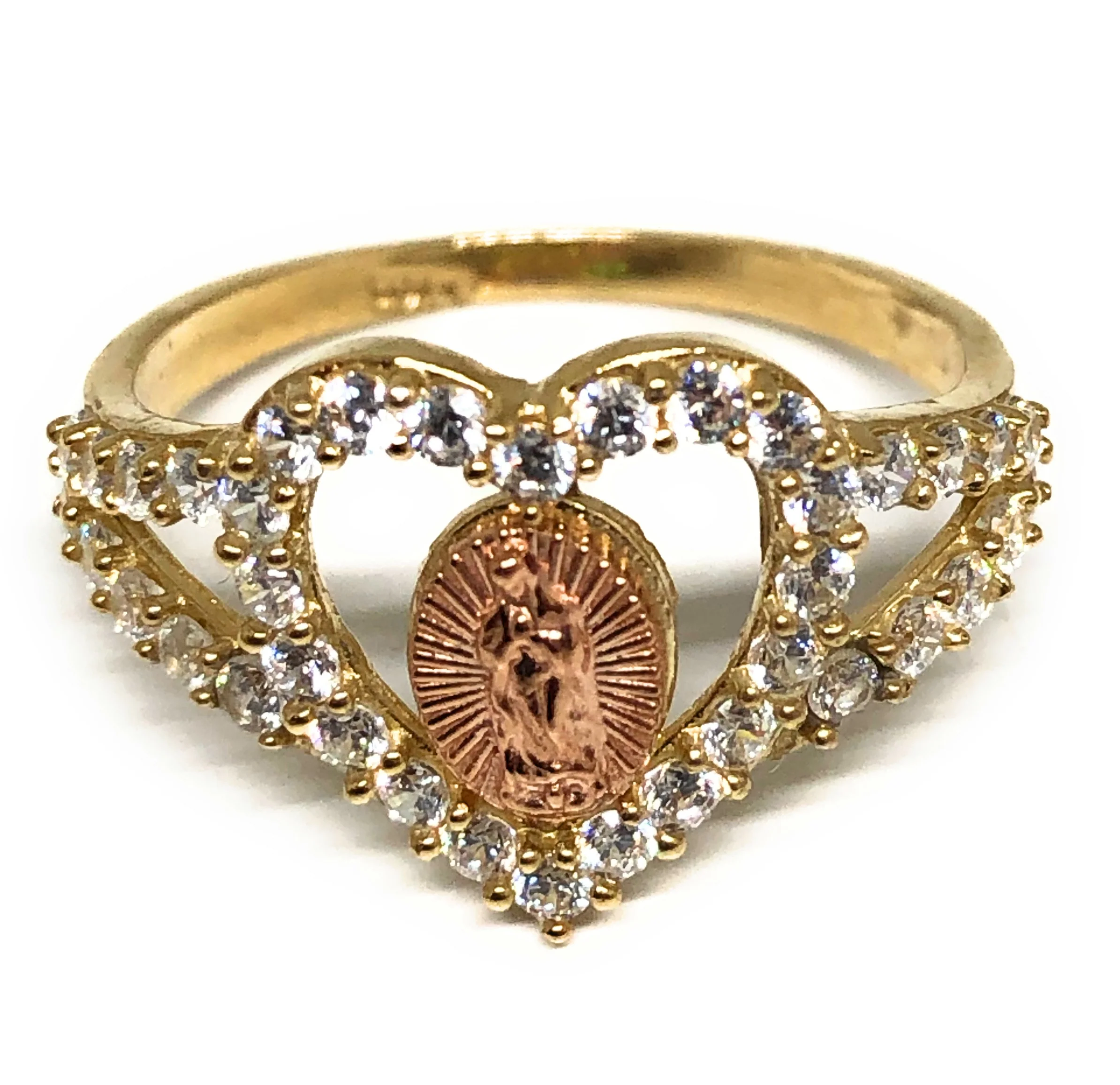 14k Solid Gold Yellow & Rose Gold Heart Virrgin Mary CZ Ring