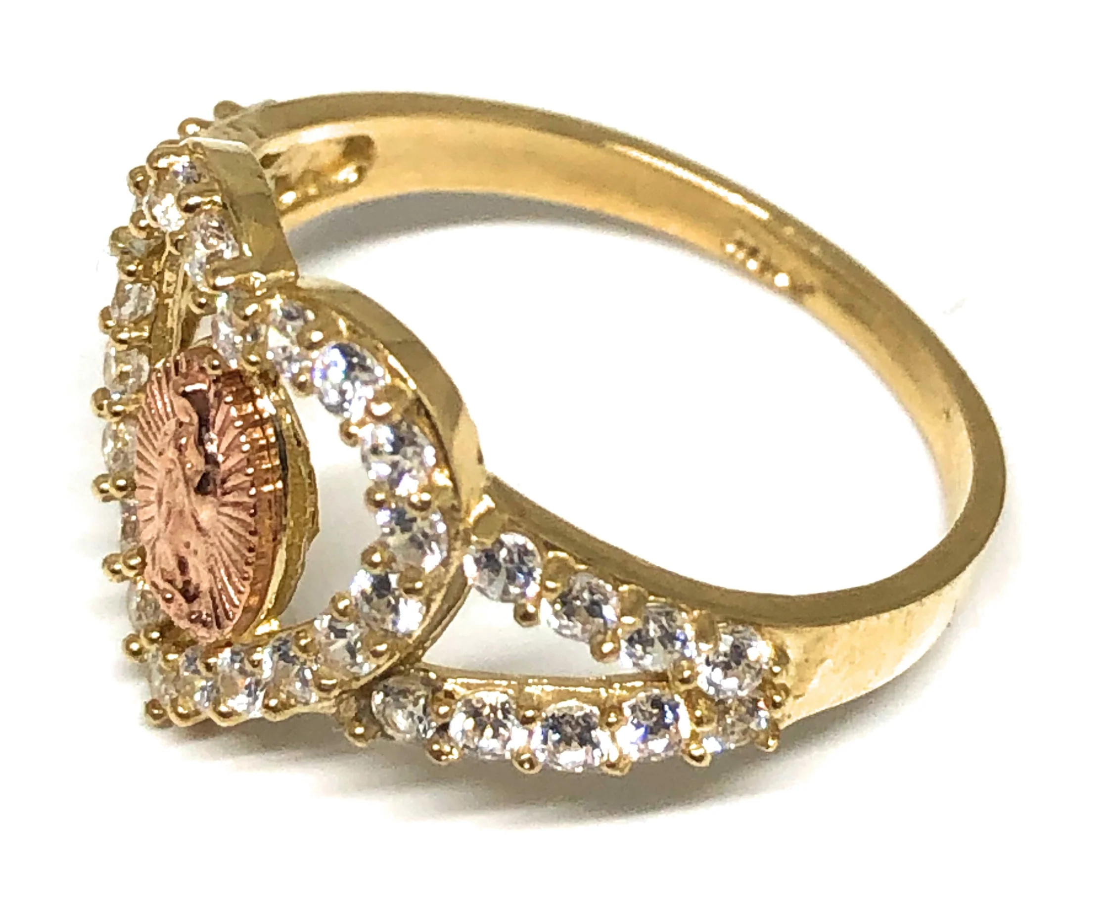14k Solid Gold Yellow & Rose Gold Heart Virrgin Mary CZ Ring - Image 2