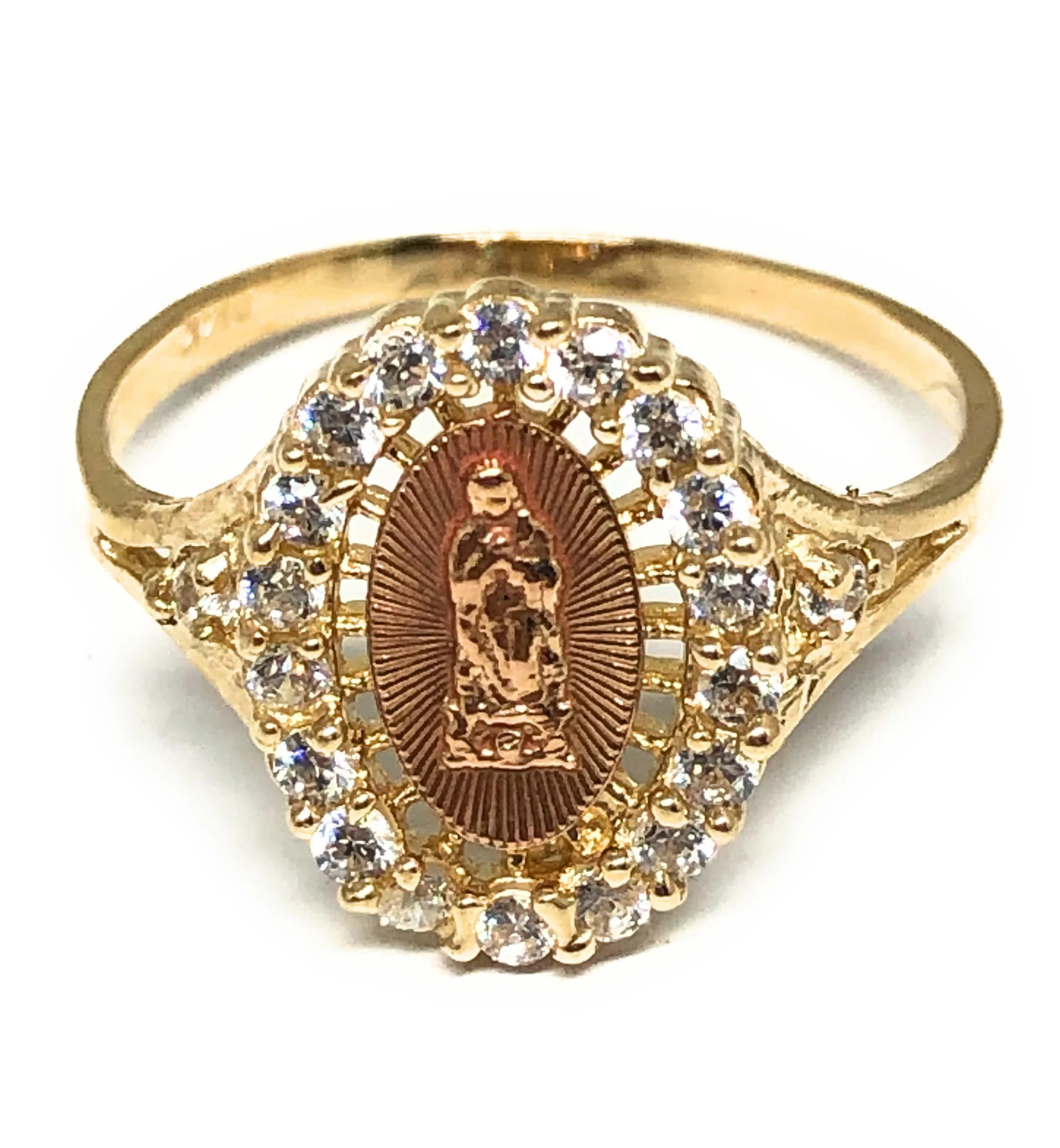 14k Solid Gold Yellow & Rose Gold Round Virrgin Mary CZ Ring