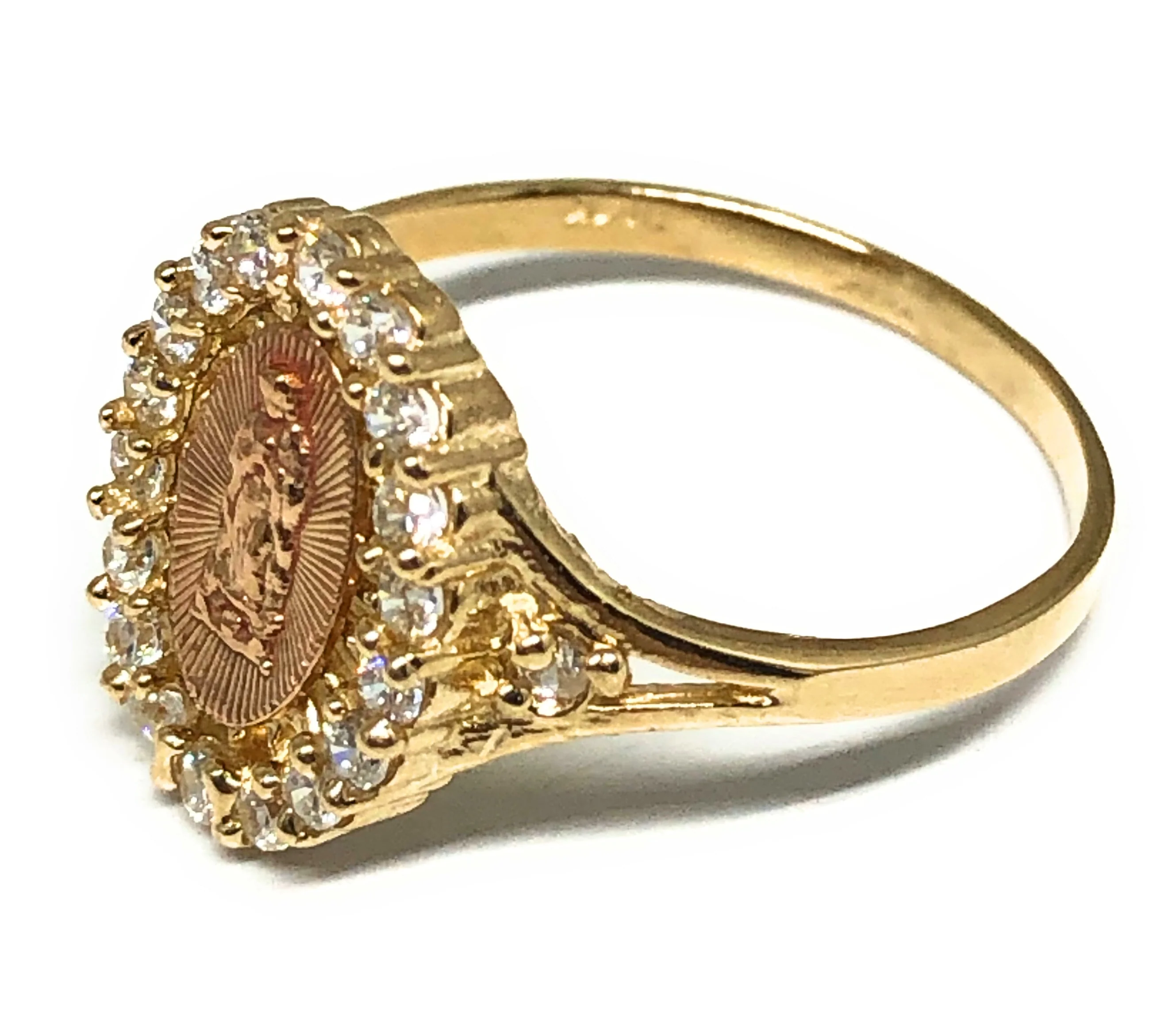 14k Solid Gold Yellow & Rose Gold Round Virrgin Mary CZ Ring - Image 2