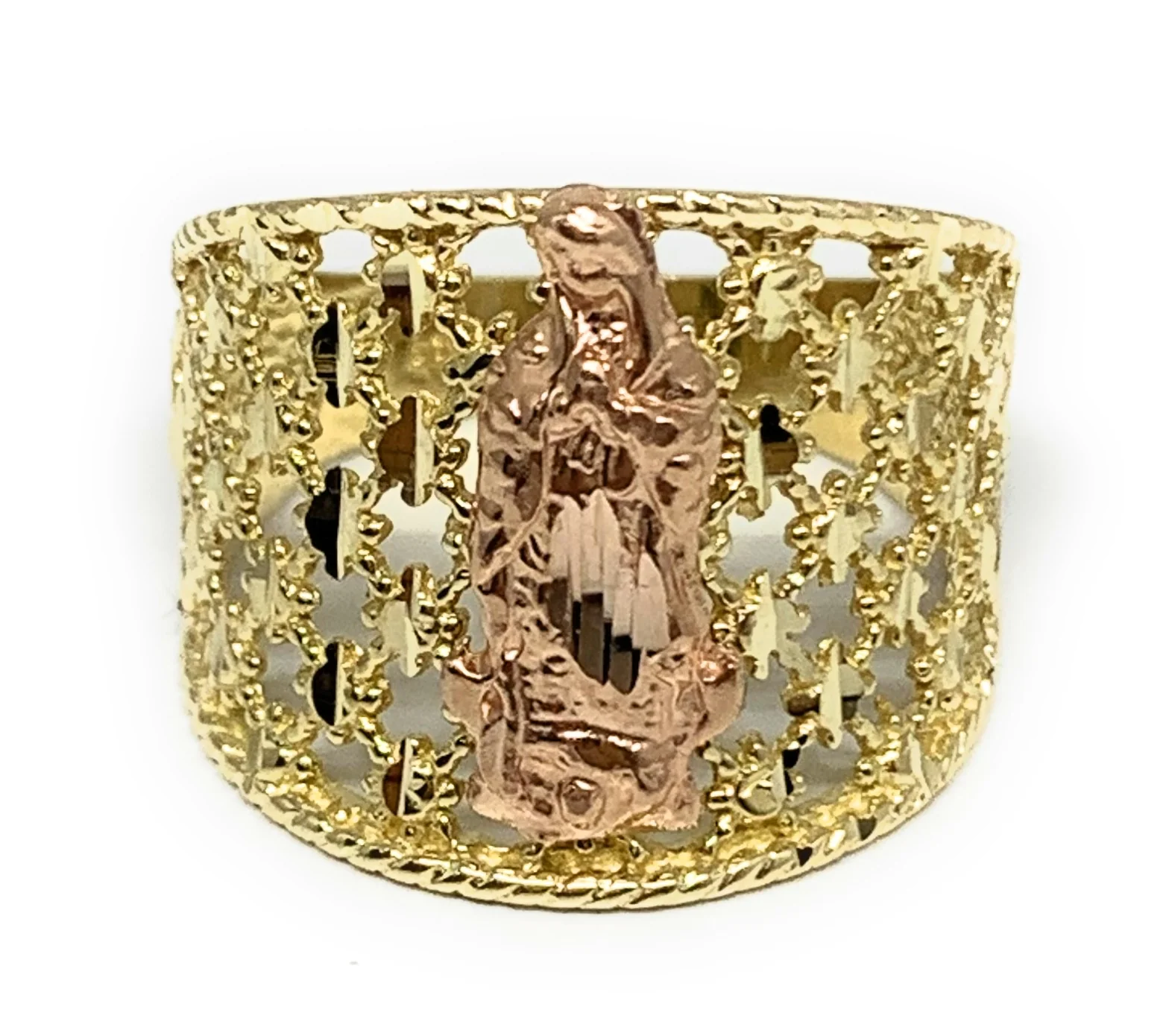 14k Solid Gold Yellow & Rose Gold Virrgin Mary Criss-Cross Ring
