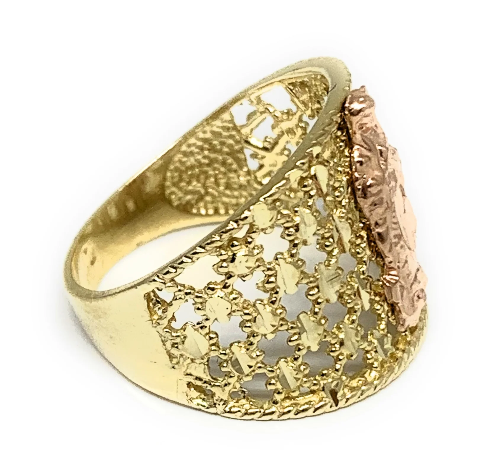 14k Solid Gold Yellow & Rose Gold Virrgin Mary Criss-Cross Ring - Image 2