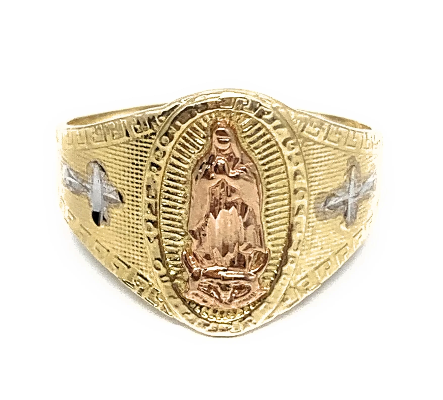 14k Solid Gold Yellow & Rose Gold Virrgin Mary Cross Ring
