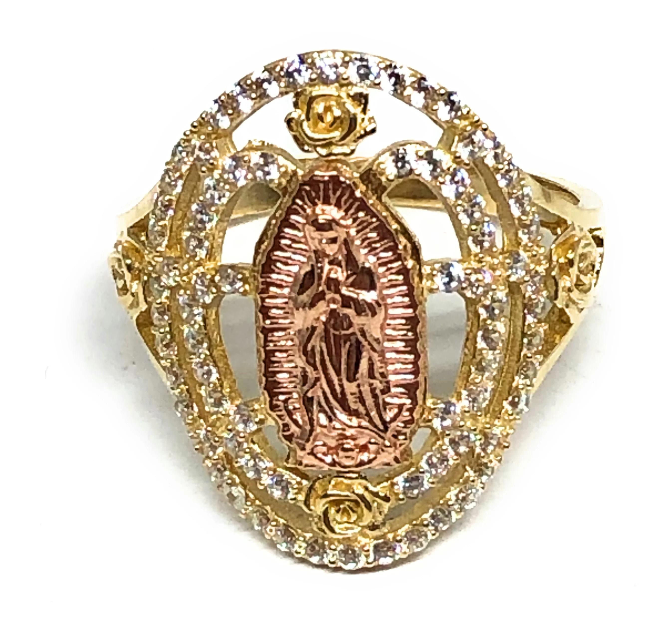 14k Solid Gold Yellow & Rose Gold Virrgin Mary CZ Flower Ring