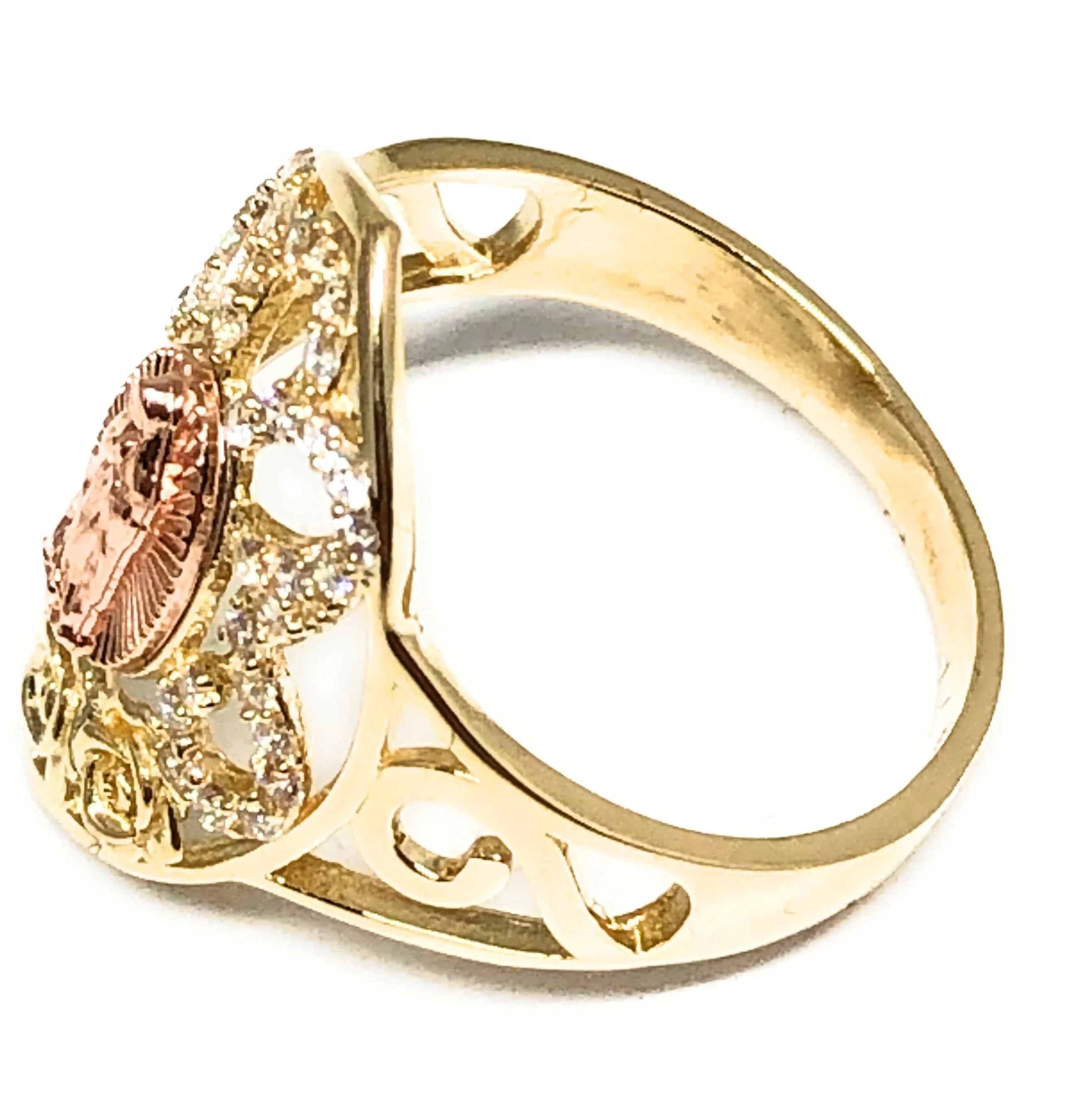 14k Solid Gold Yellow & Rose Gold Virrgin Mary CZ Flower Ring - Image 2