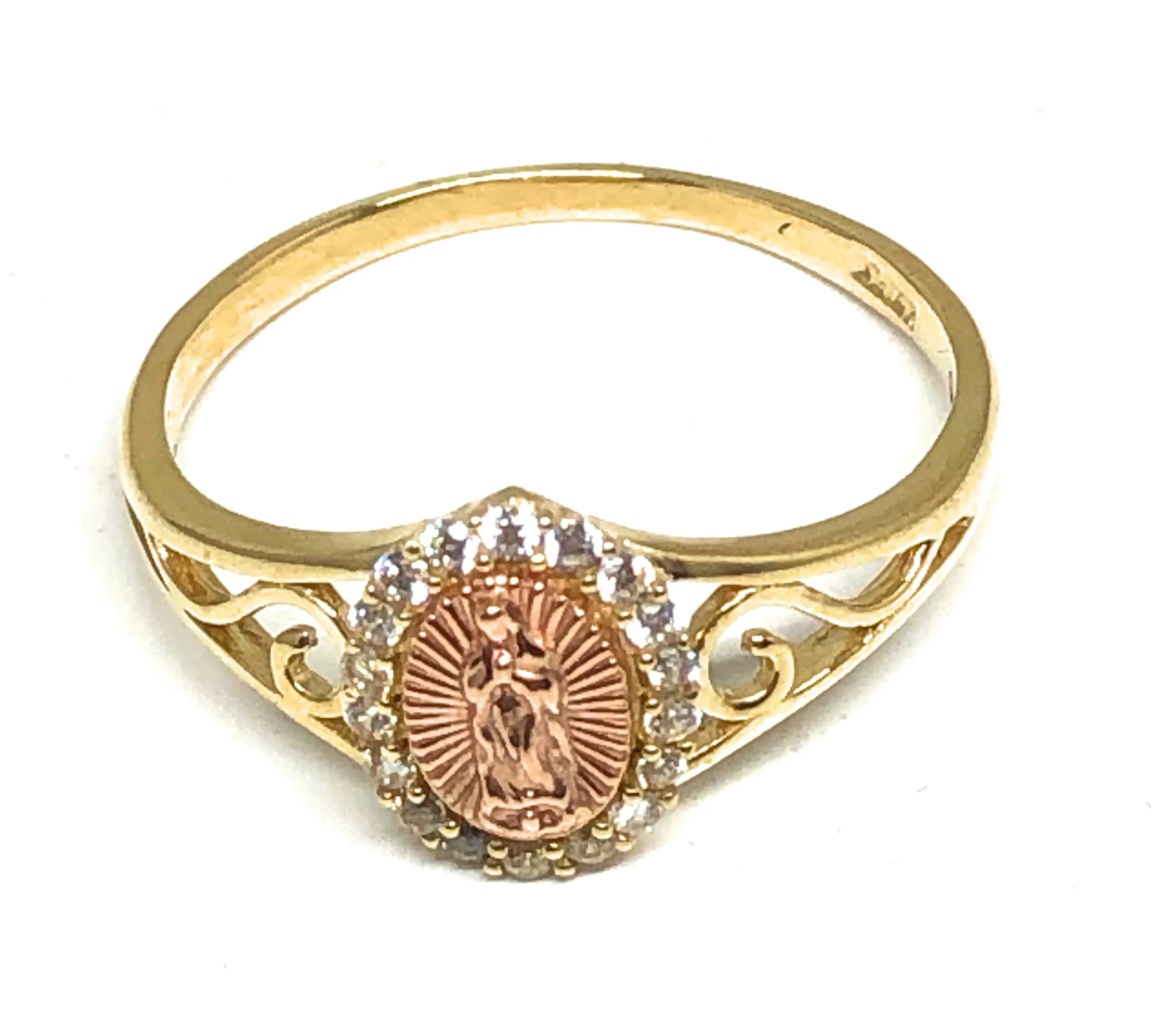 14k Solid Gold Yellow & Rose Gold Virrgin Mary CZ Ring