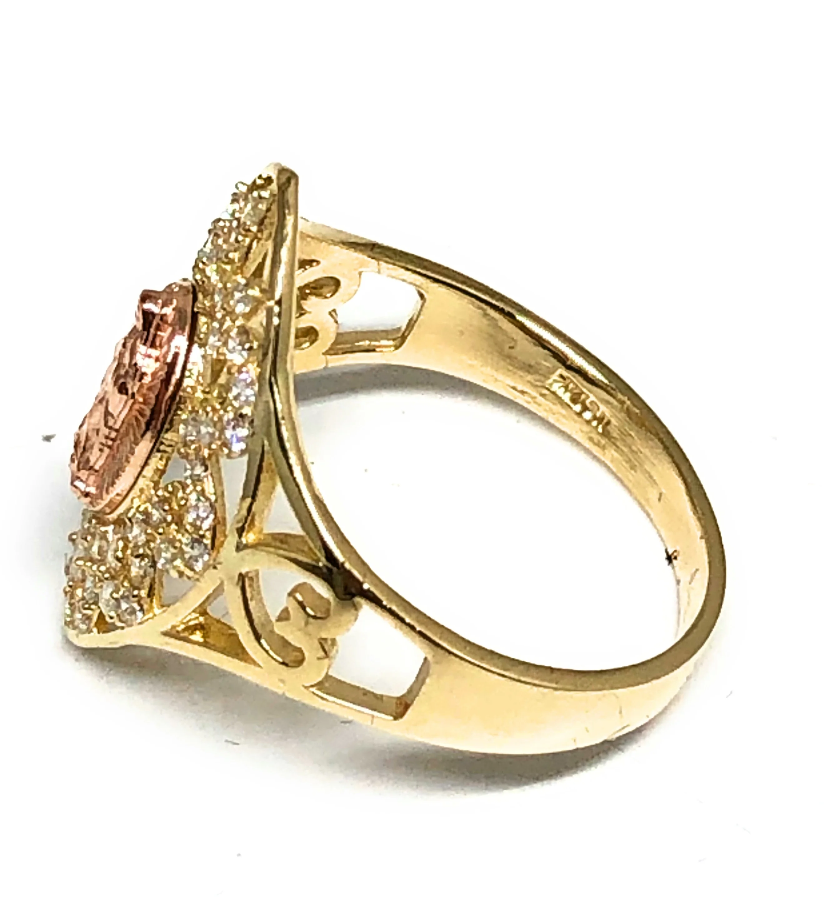 14k Solid Gold Yellow & Rose Gold Virrgin Mary CZ Ring - Image 2