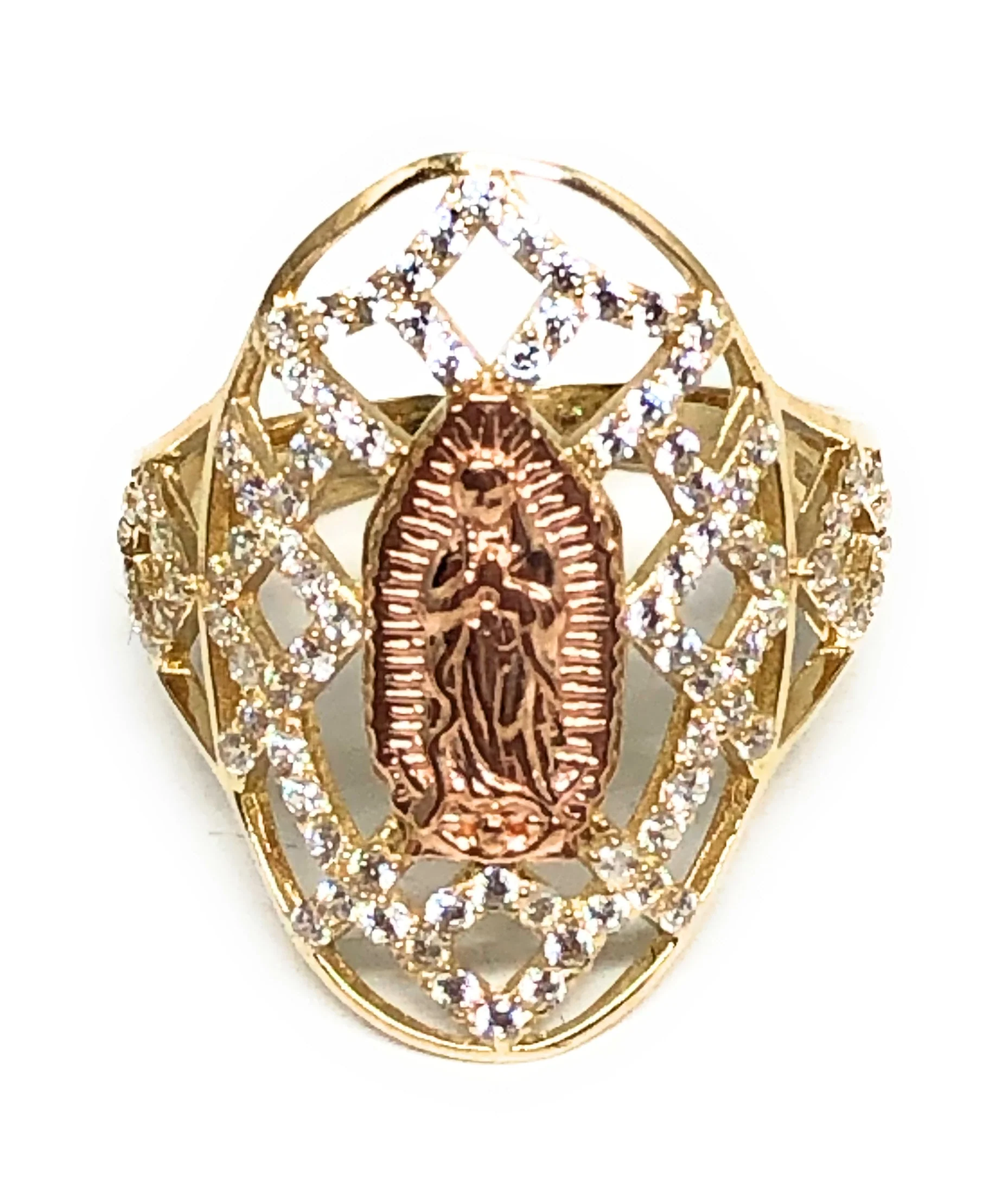 14k Solid Gold Yellow & Rose Gold Virrgin Mary CZ Ring