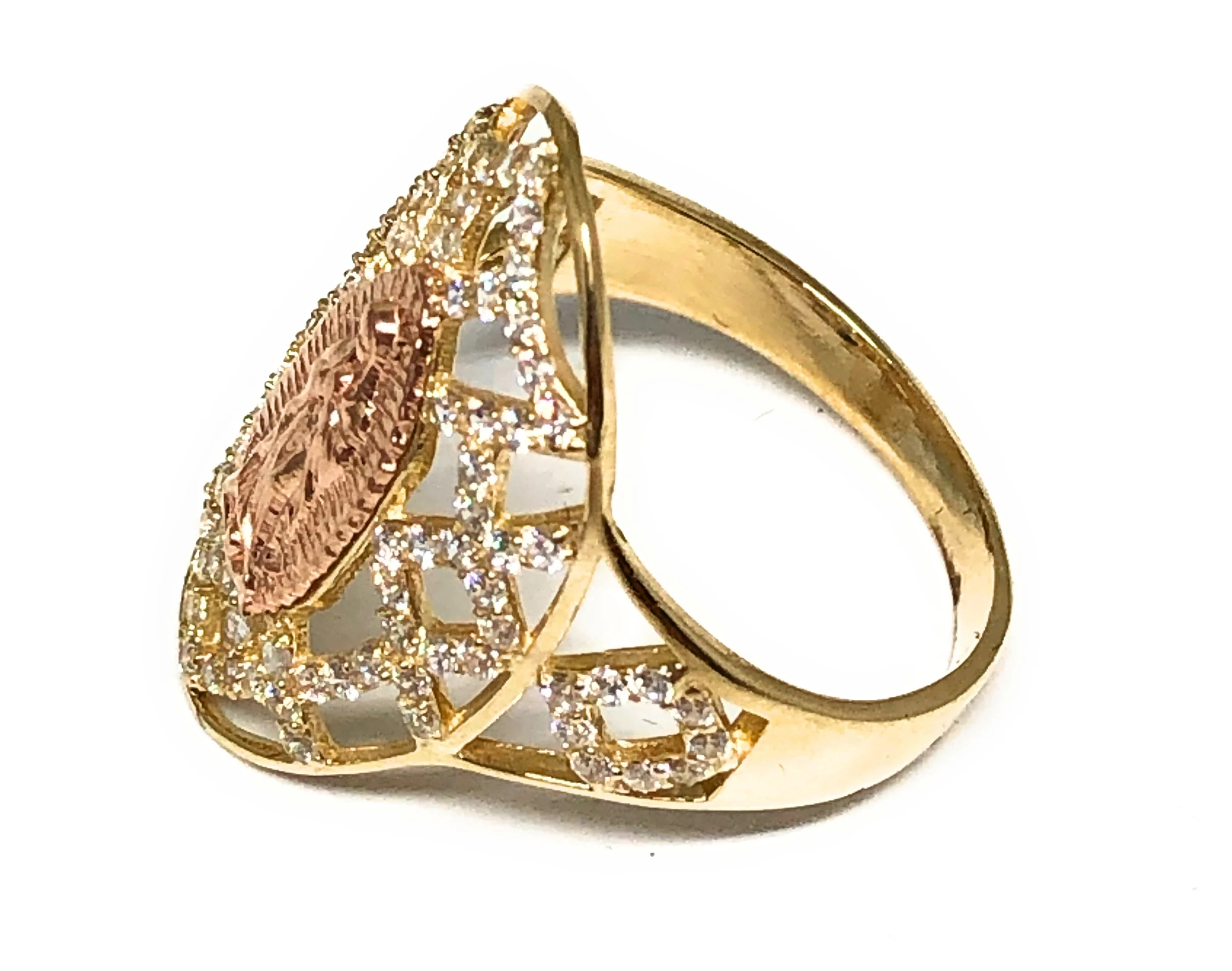 14k Solid Gold Yellow & Rose Gold Virrgin Mary CZ Ring - Image 3