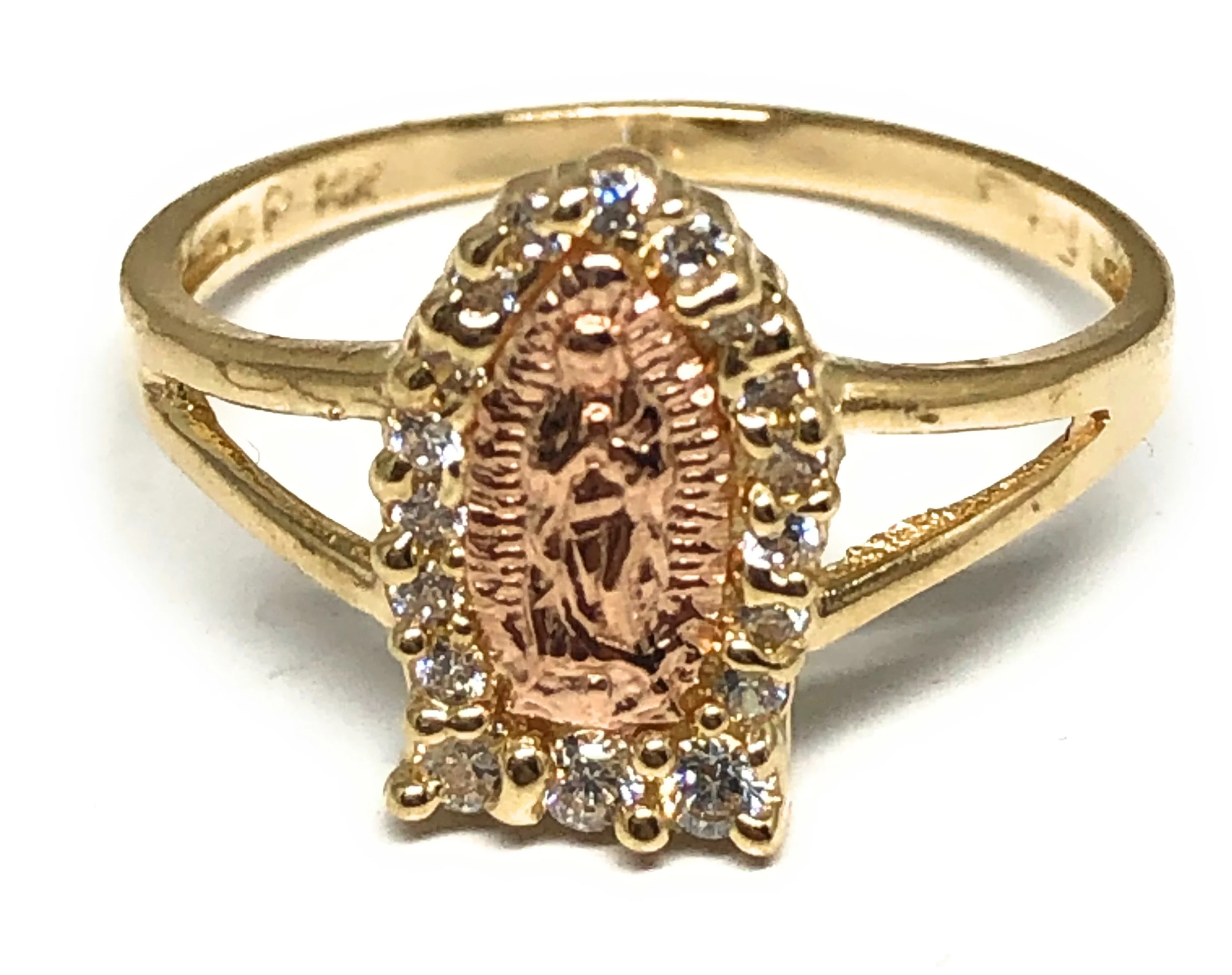 14k Solid Gold Yellow & Rose Gold Virrgin Mary CZ Ring