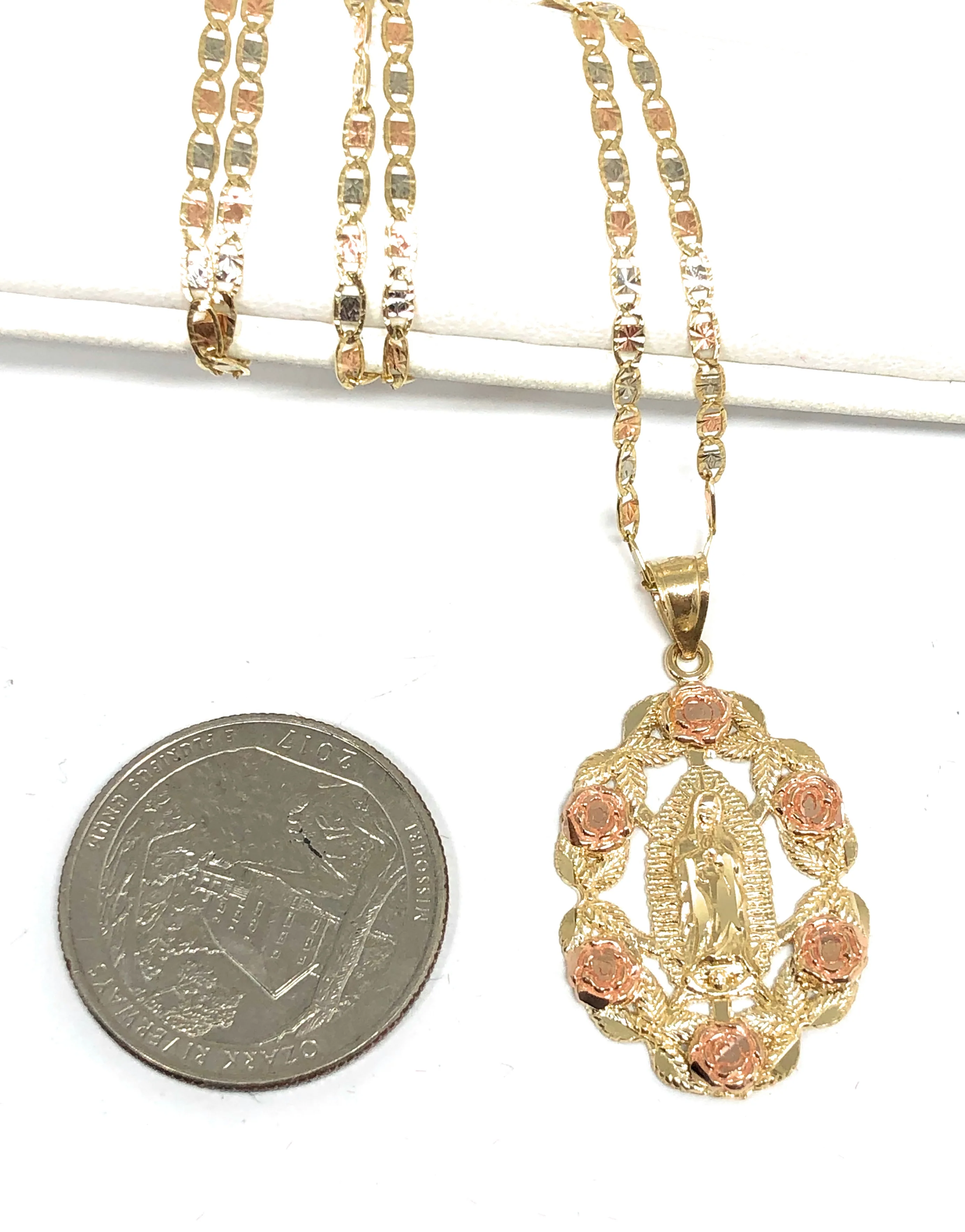 14k Solid Gold Yellow & Rose Gold Virrgin Mary Flower Pendant Necklace Virrgen Gaudalupe Valentina Chain (MED) - Image 2