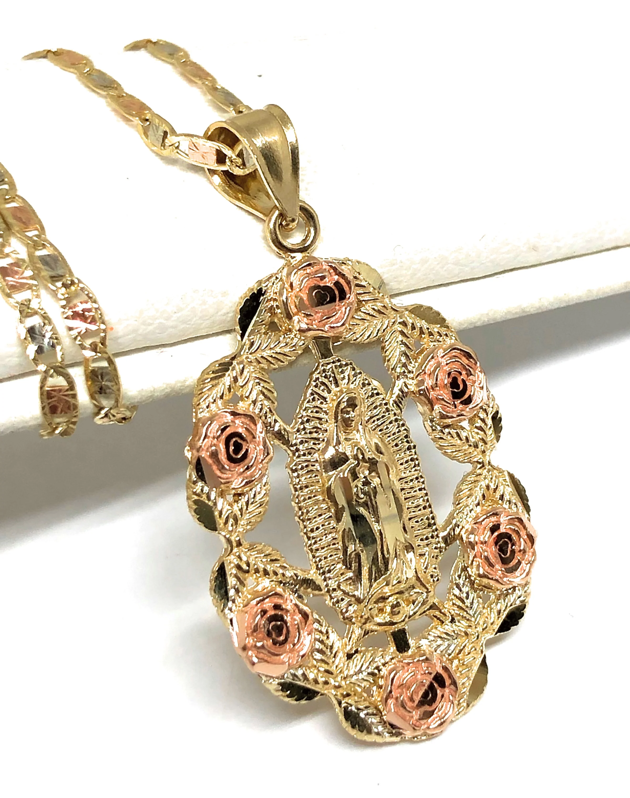 14k Solid Gold Yellow & Rose Gold Virrgin Mary Flower Pendant Necklace Virrgen Gaudalupe Valentina Chain (MED) - Image 3