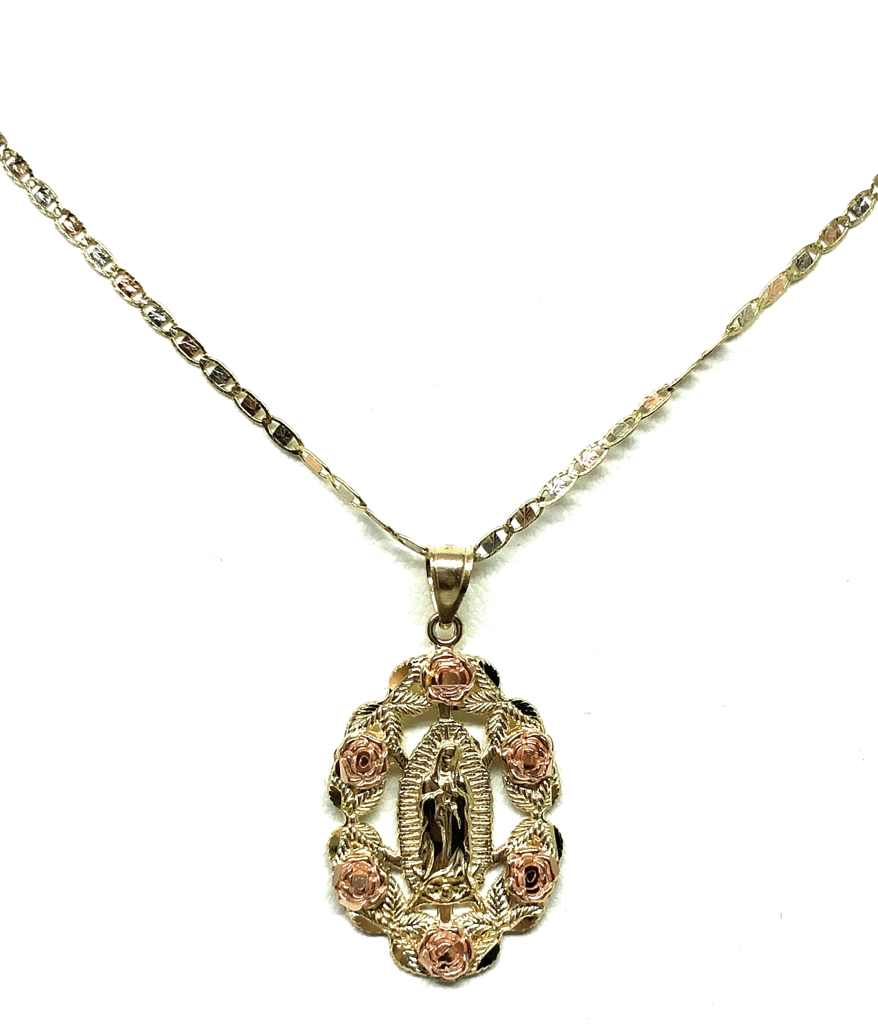 14k Solid Gold Yellow & Rose Gold Virrgin Mary Flower Pendant Necklace Virrgen Gaudalupe Valentina Chain (MED) - Image 4