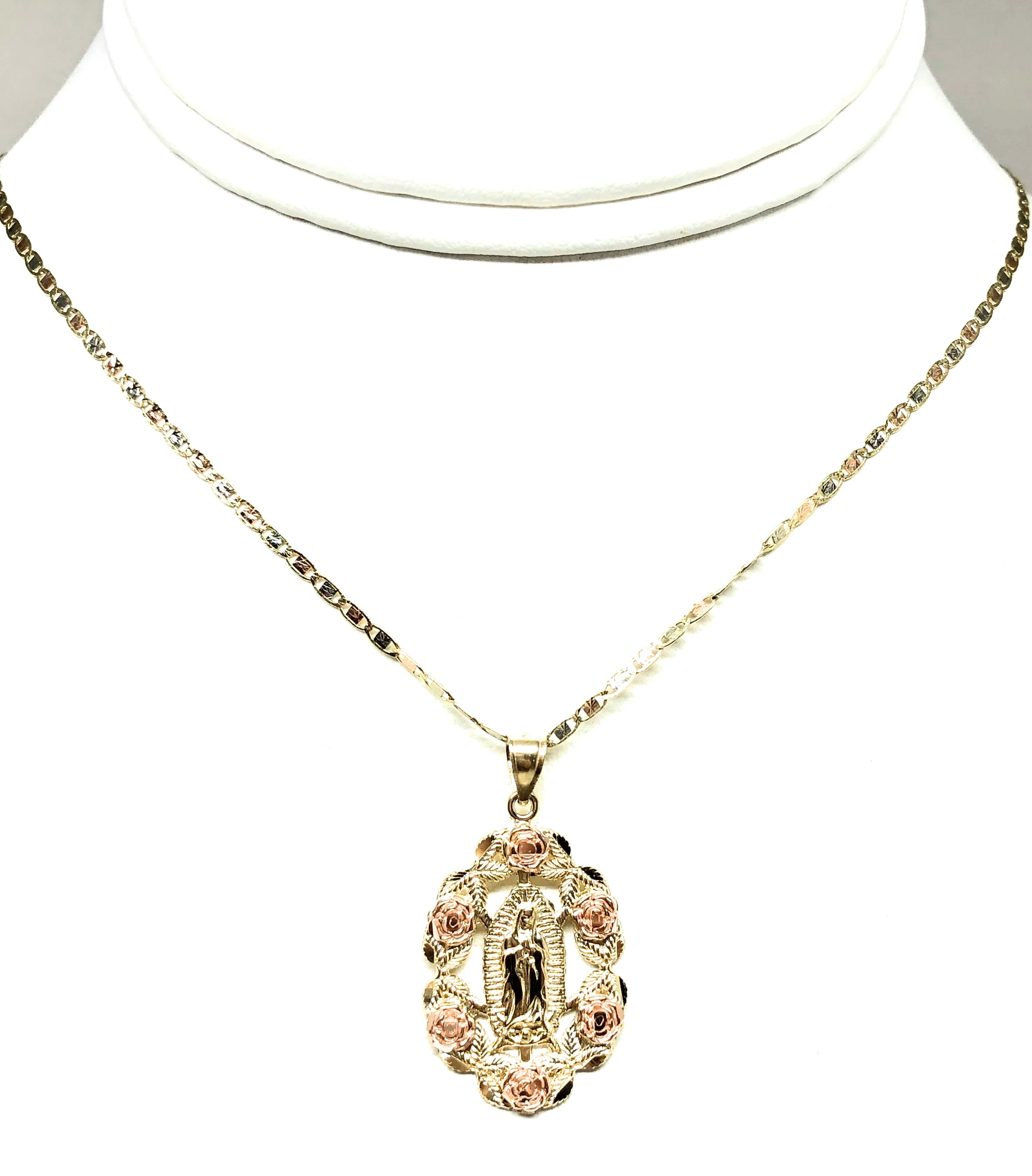 14k Solid Gold Yellow & Rose Gold Virrgin Mary Flower Pendant Necklace Virrgen Gaudalupe Valentina Chain (MED) - Image 5