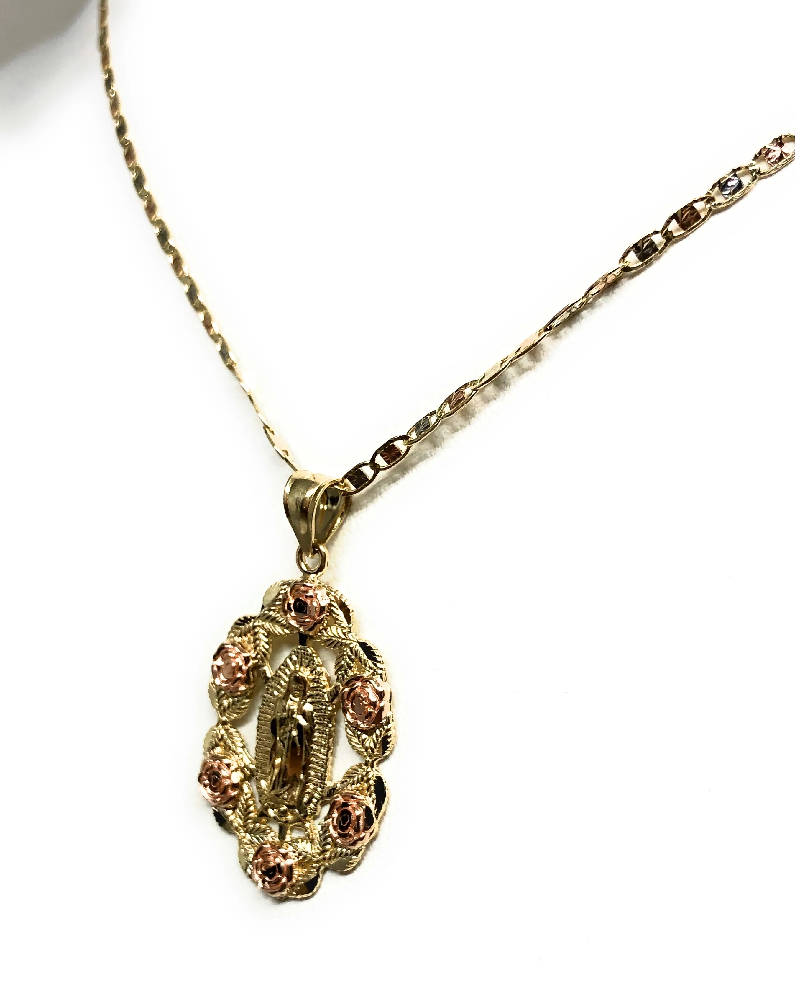 14k Solid Gold Yellow & Rose Gold Virrgin Mary Flower Pendant Necklace Virrgen Gaudalupe Valentina Chain (MED) - Image 6