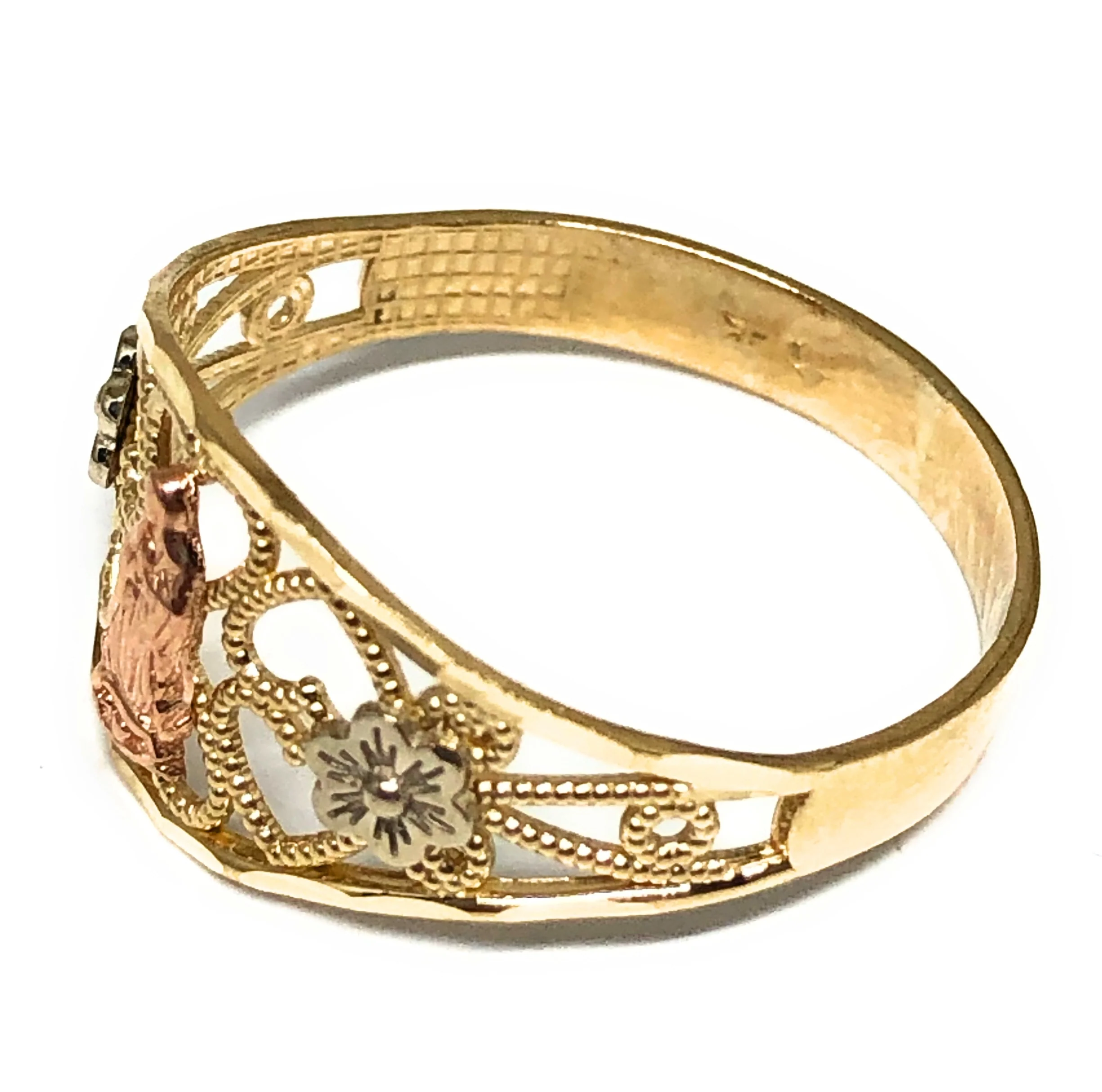 14k Solid Gold Tri-Color Virrgin Mary Heart & Flower Ring - Image 2