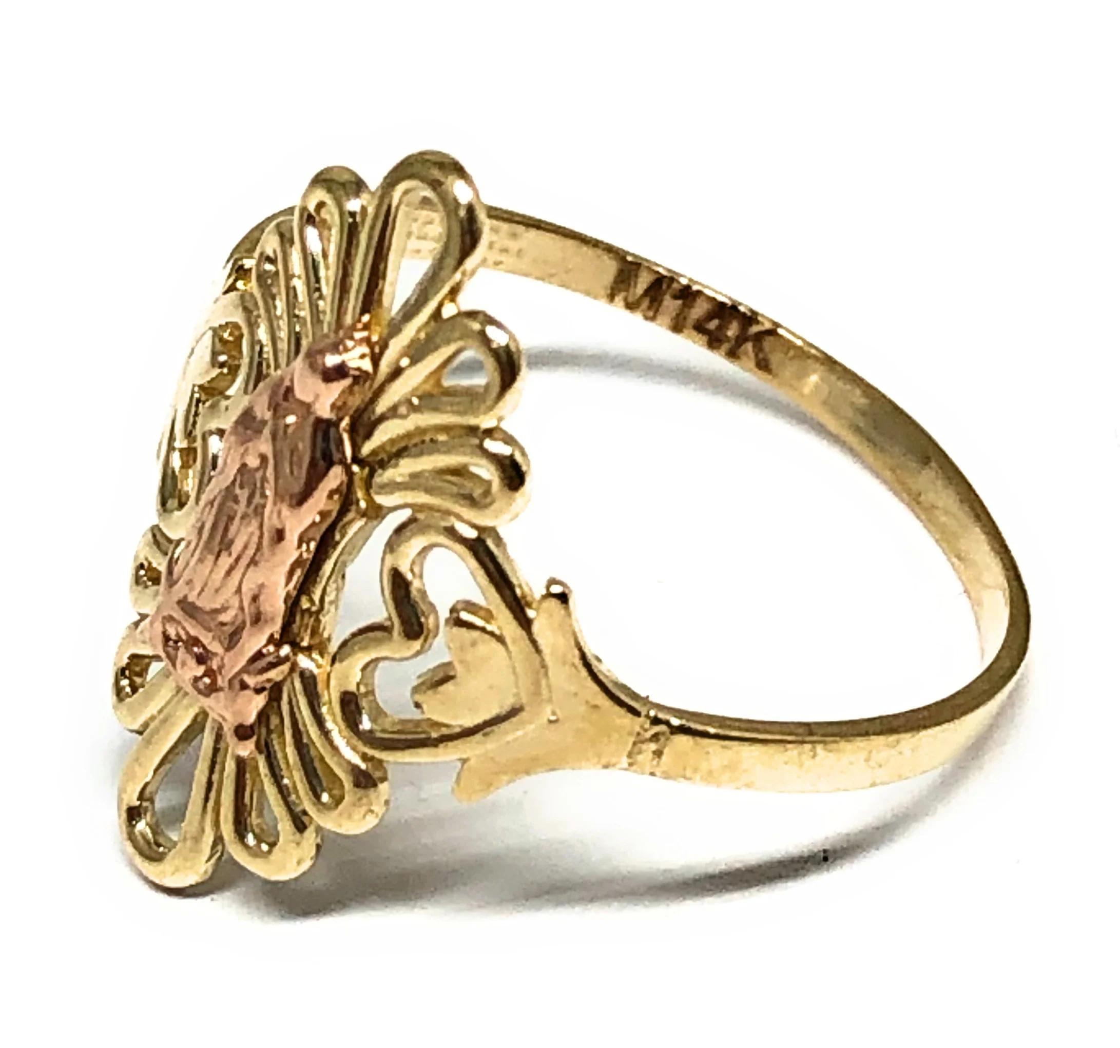 14k Solid Gold Yellow & Rose Gold Virrgin Mary Heart Ring - Image 2