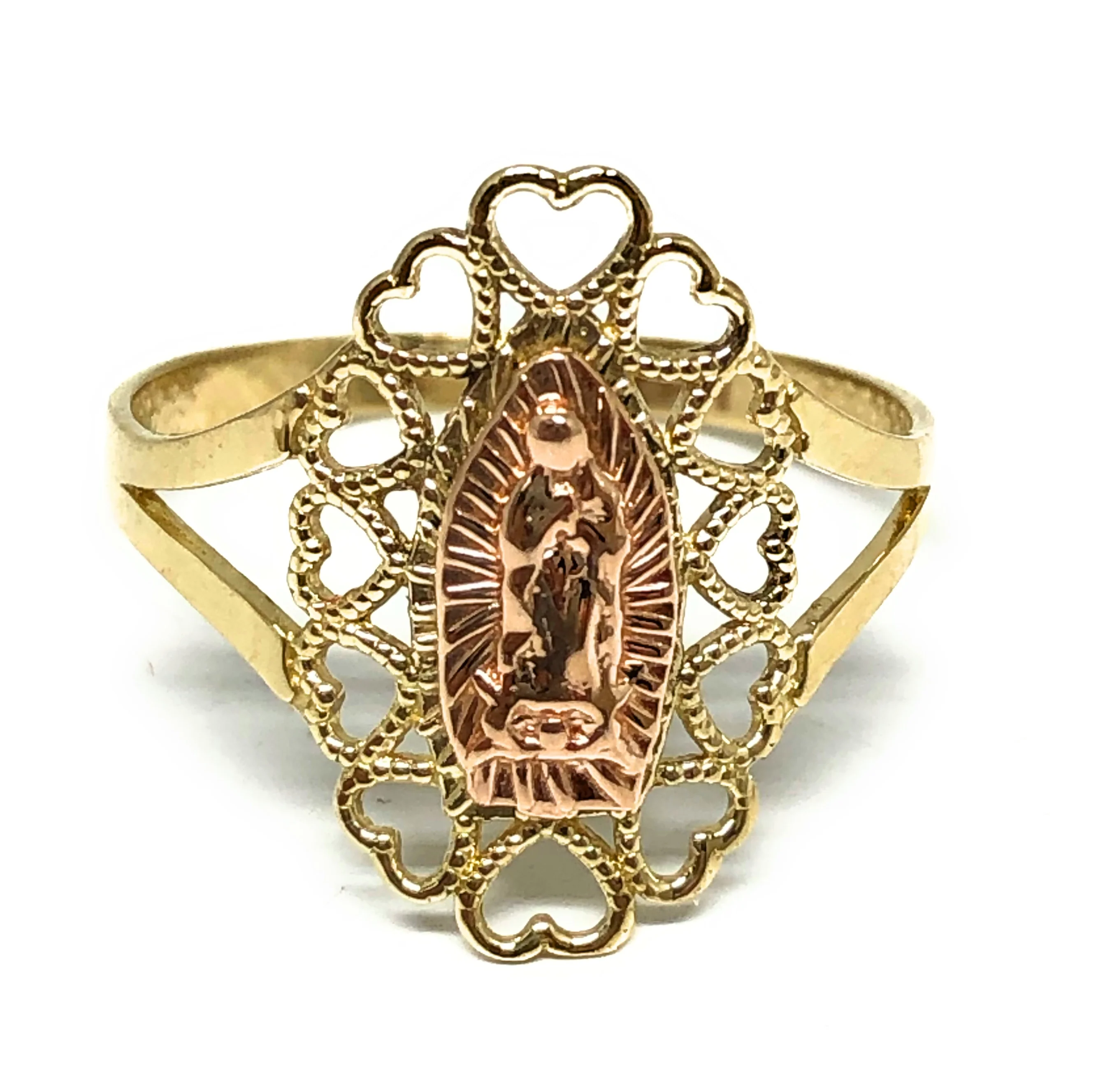 14k Solid Gold Yellow & Rose Gold Virrgin Mary Heart Ring