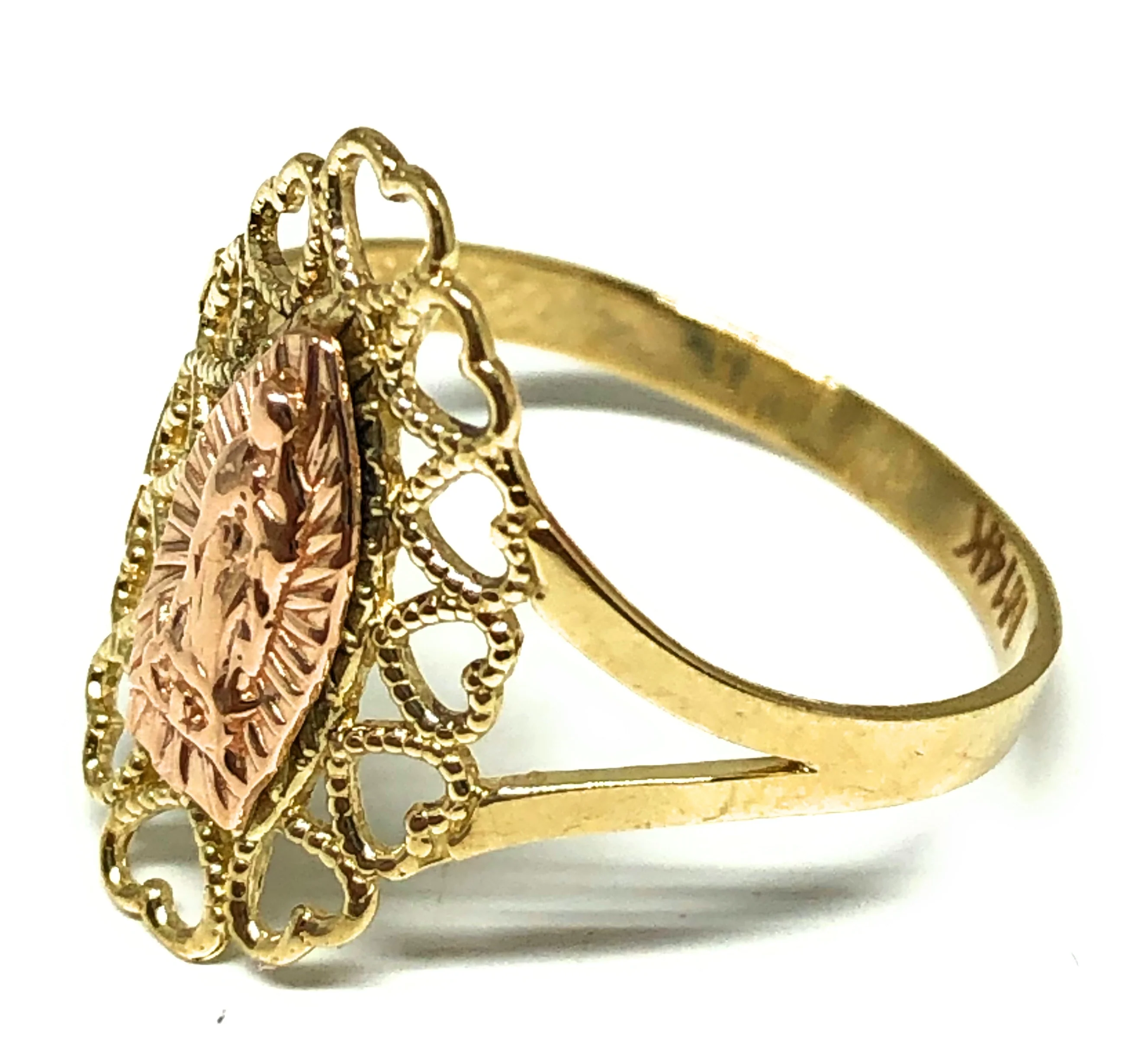 14k Solid Gold Yellow & Rose Gold Virrgin Mary Heart Ring - Image 2