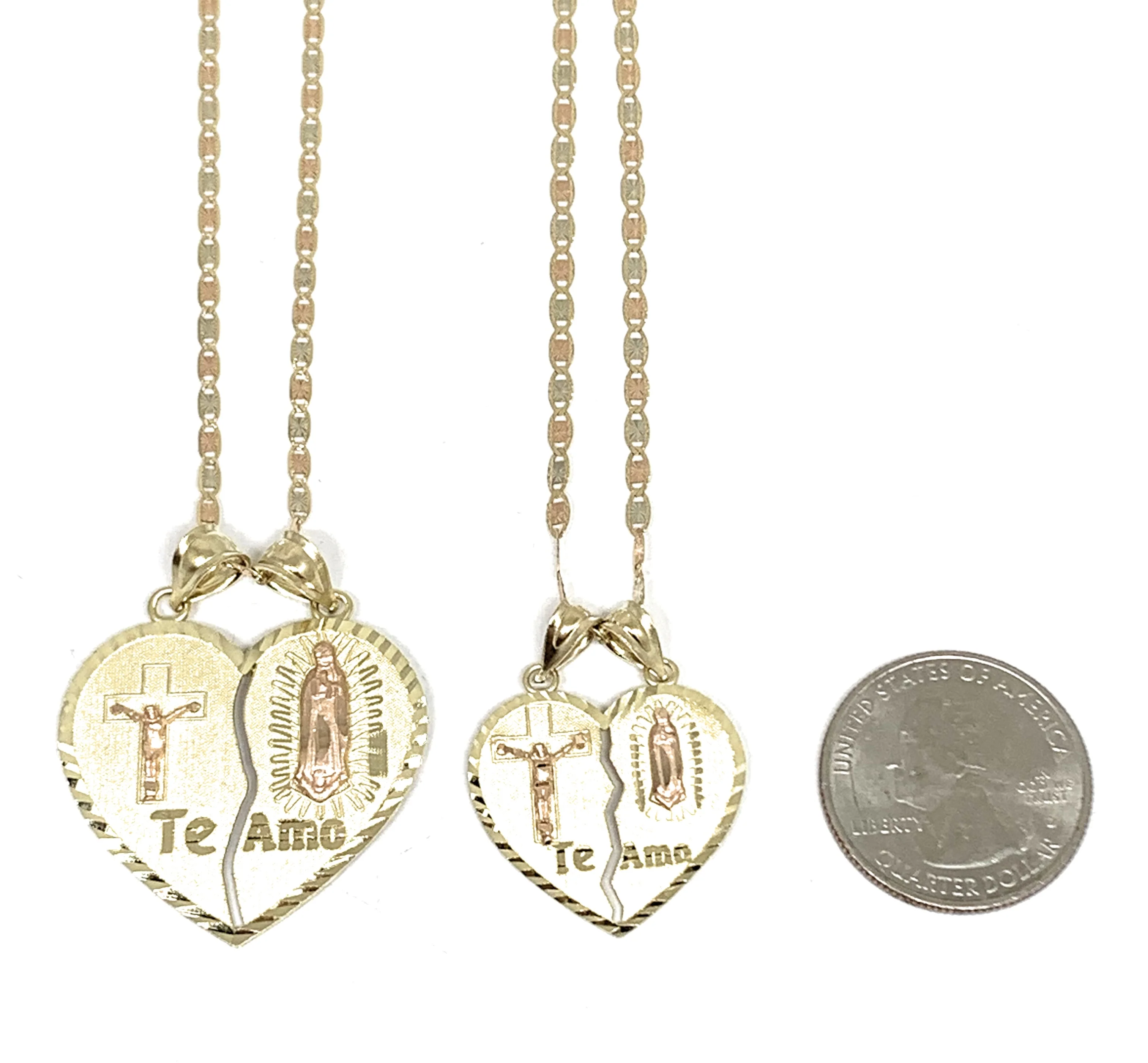 14k Solid Gold Yellow & Rose Gold Virrgin Mary Jesus Cristo "Te Amo" Heart Split Pendant (LG,MED) - Image 2