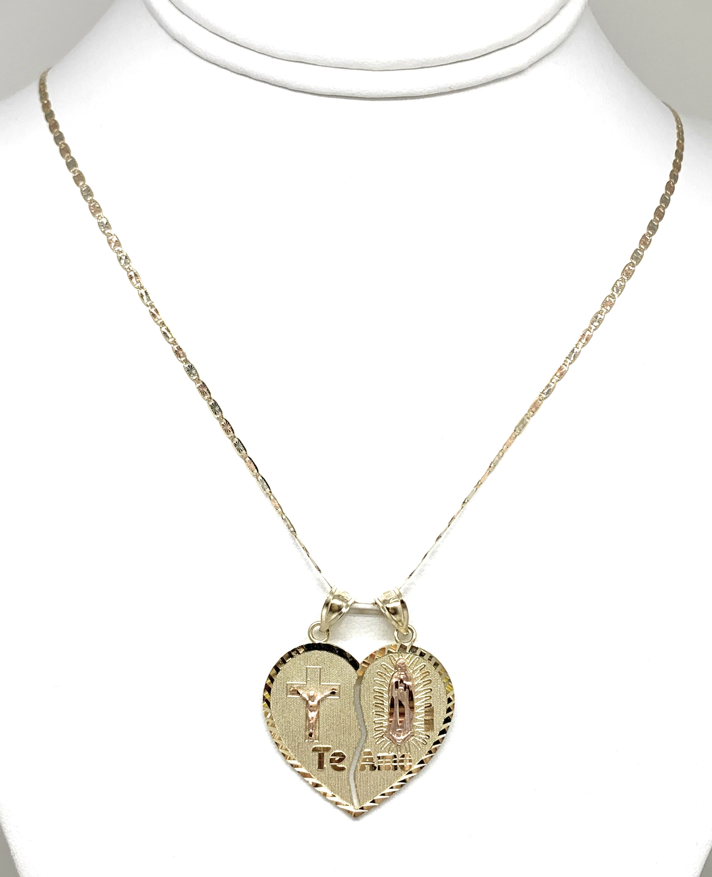 14k Solid Gold Yellow & Rose Gold Virrgin Mary Jesus Cristo "Te Amo" Heart Split Pendant (LG,MED) - Image 5