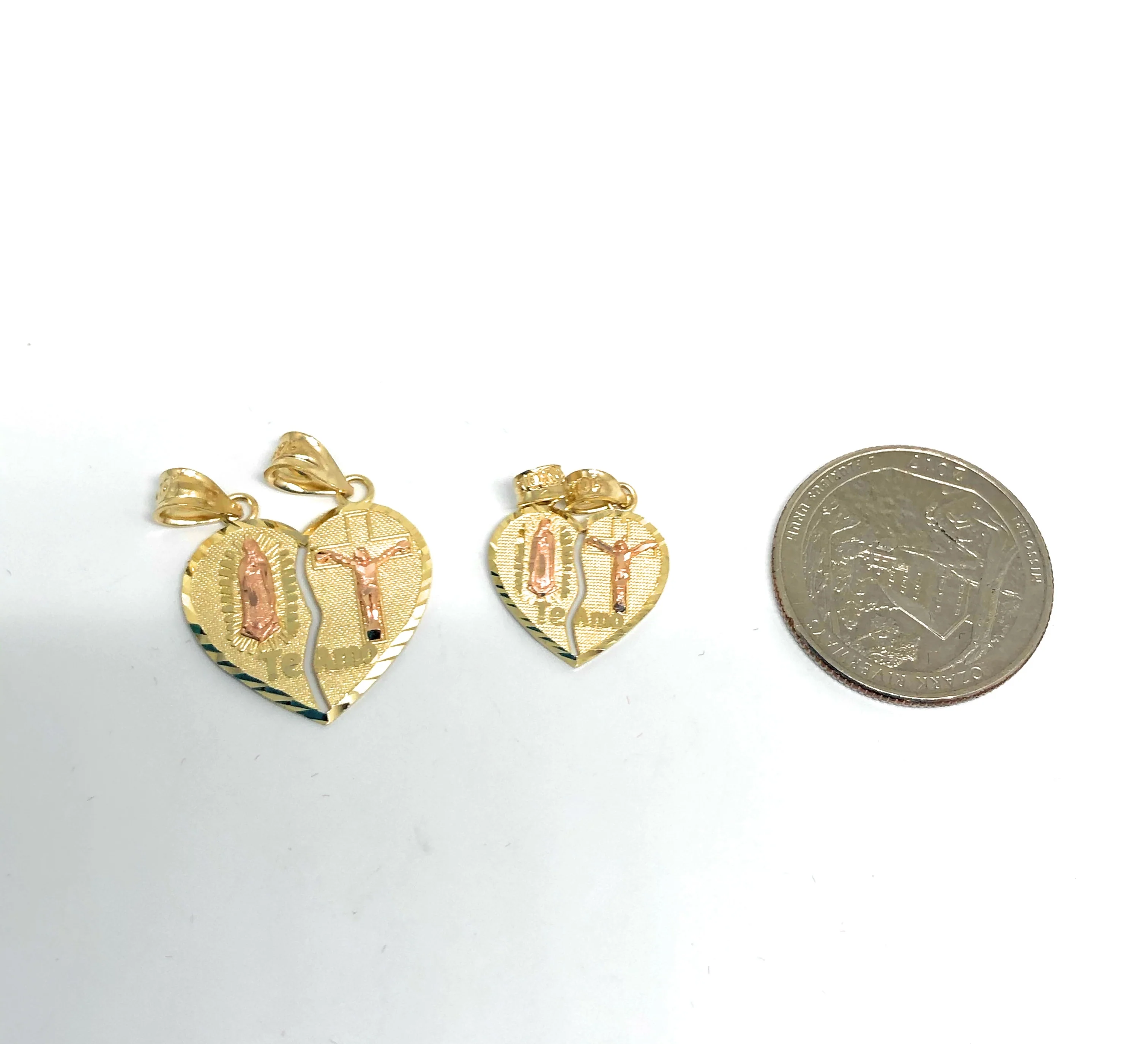 14k Solid Gold Yellow & Rose Gold Virrgin Mary "Te Amo" Heart Split Pendant (XS,SM) - Image 3