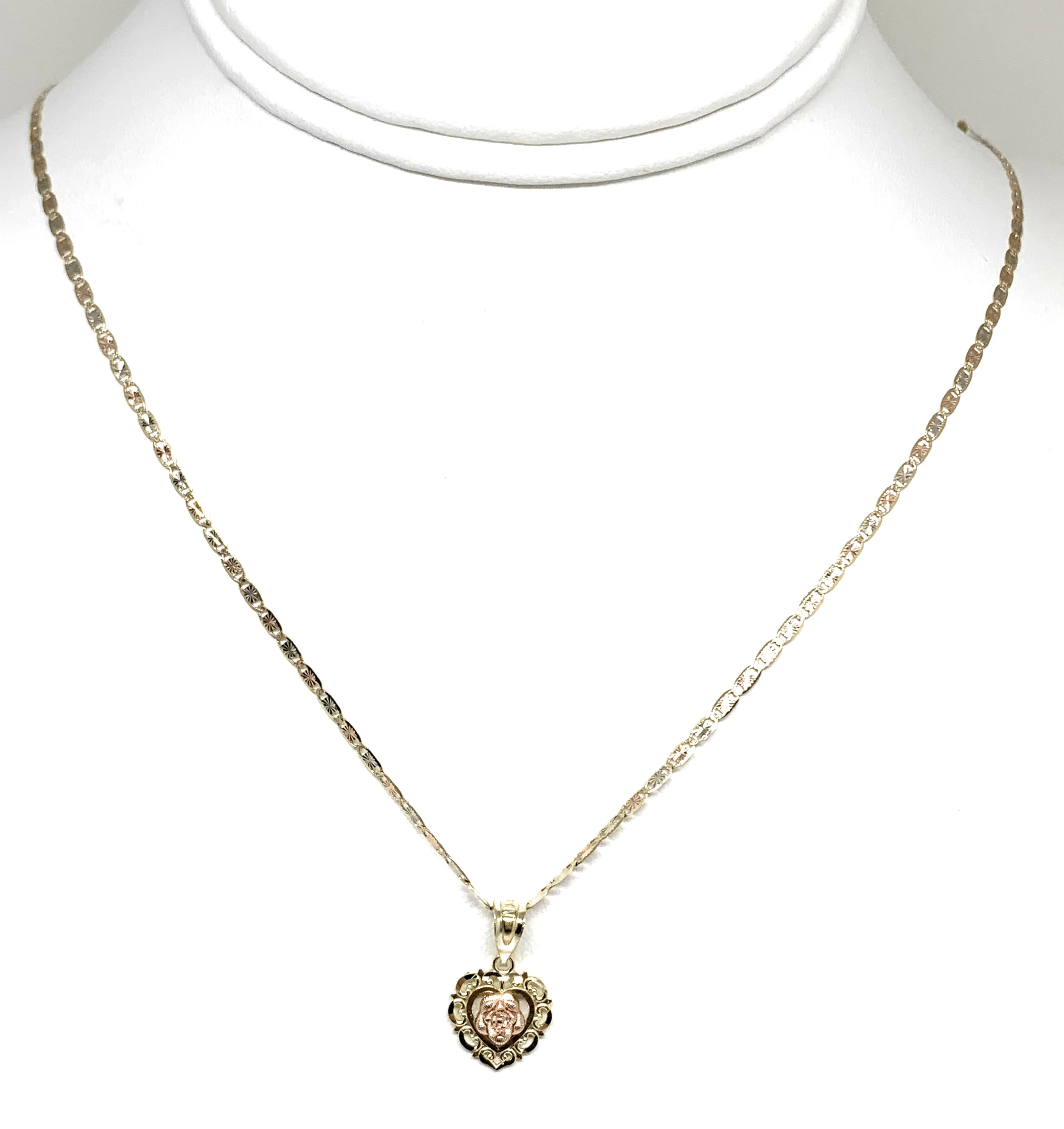 14k Solid Gold Yellow & Rose Heart Filigran Pendant Necklace Valentina Chain - Image 4