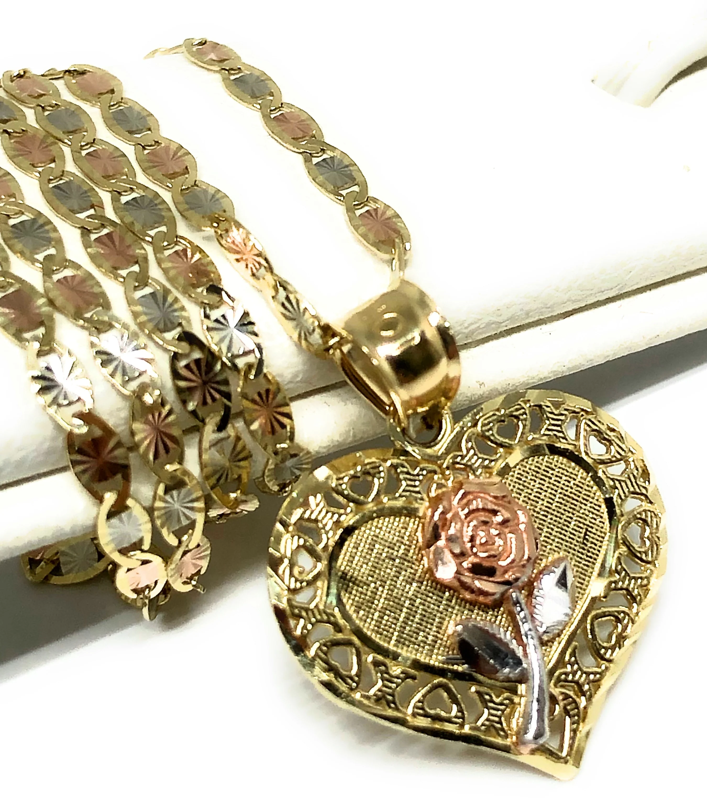 14k Solid Gold Yellow & Rose Heart Pendant Necklace Valentina Chain - Image 3