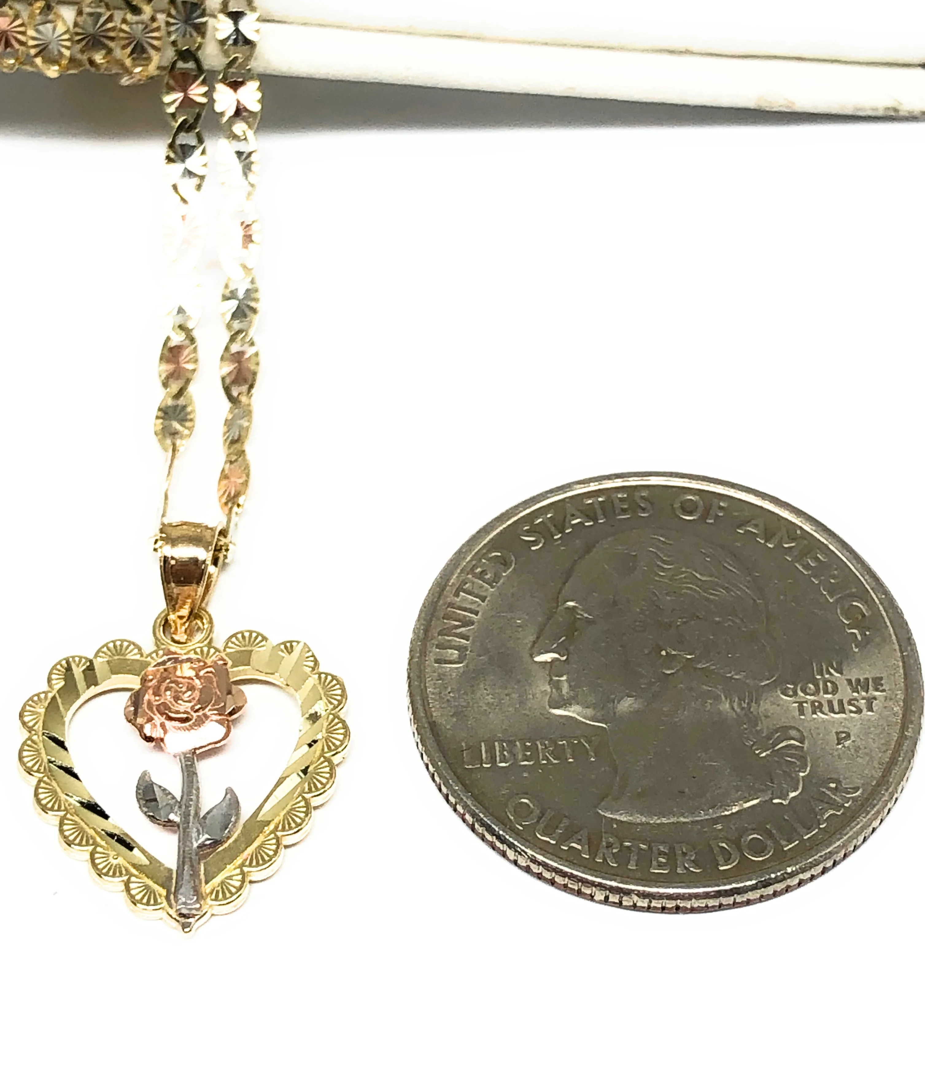 14k Solid Gold Yellow & Rose Heart Pendant Necklace Valentina Chain - Image 2