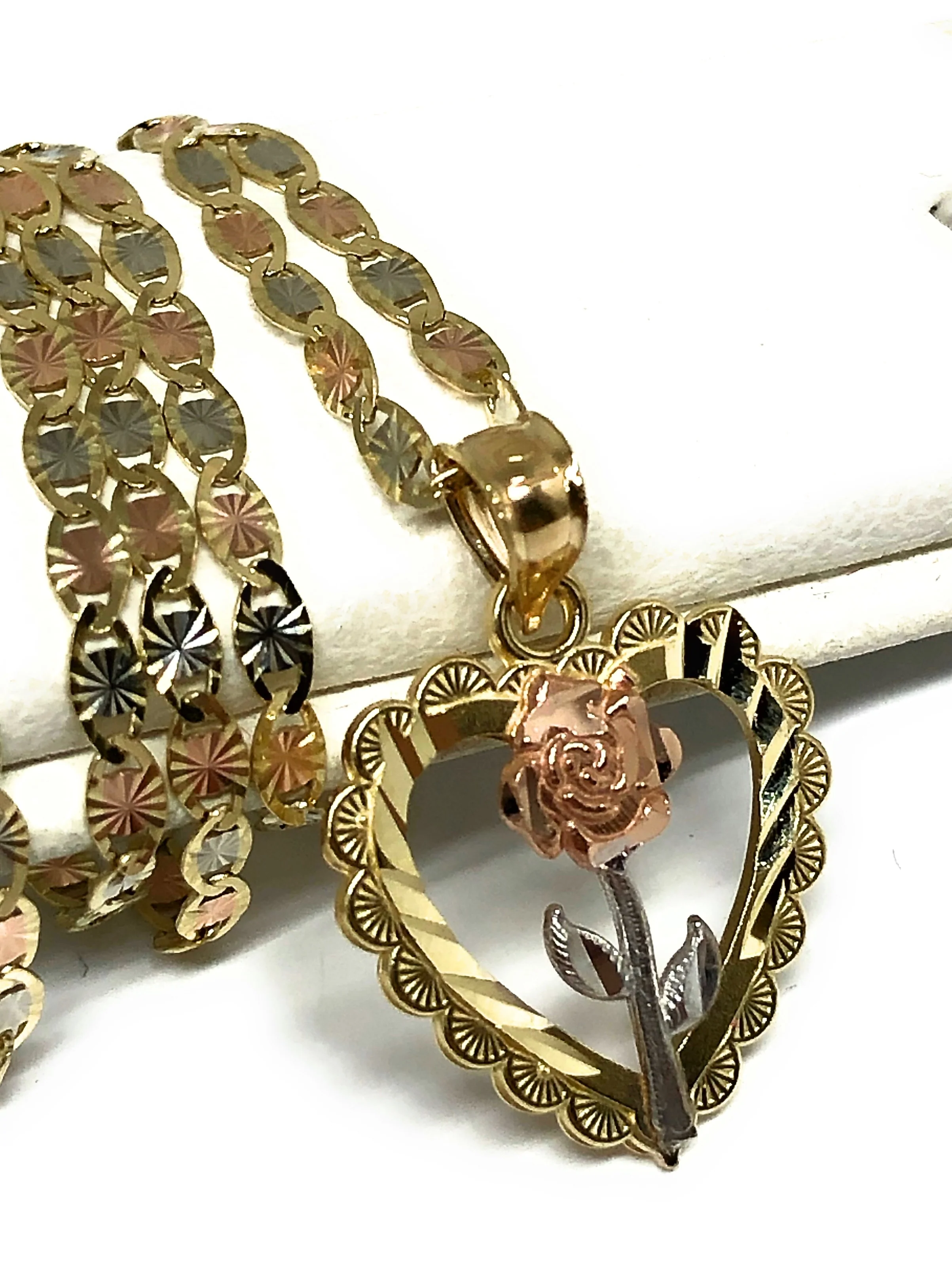 14k Solid Gold Yellow & Rose Heart Pendant Necklace Valentina Chain - Image 3