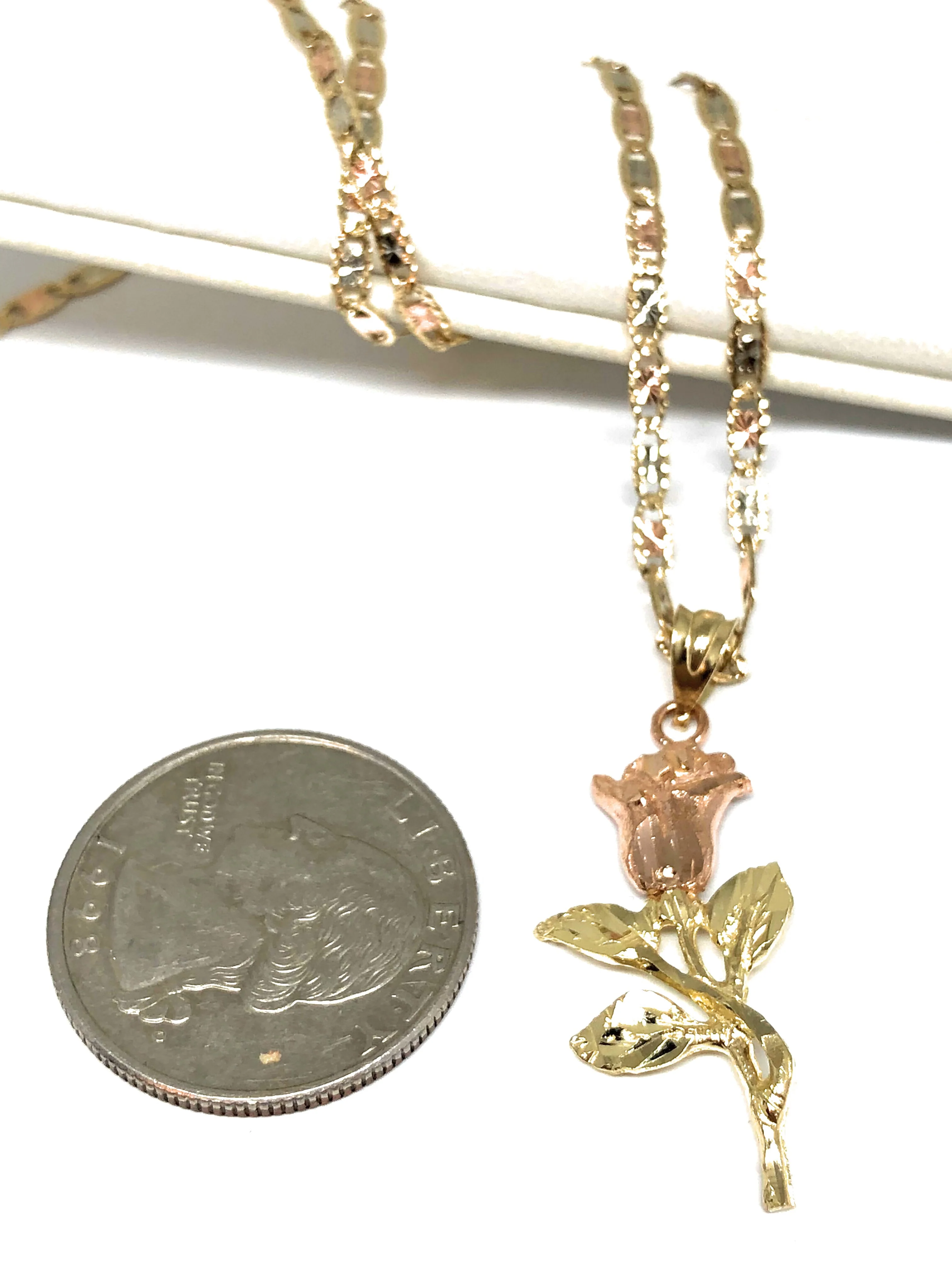14k Solid Gold Yellow & Rose Pendant Necklace Tri-Color Valentina Chain - Image 2