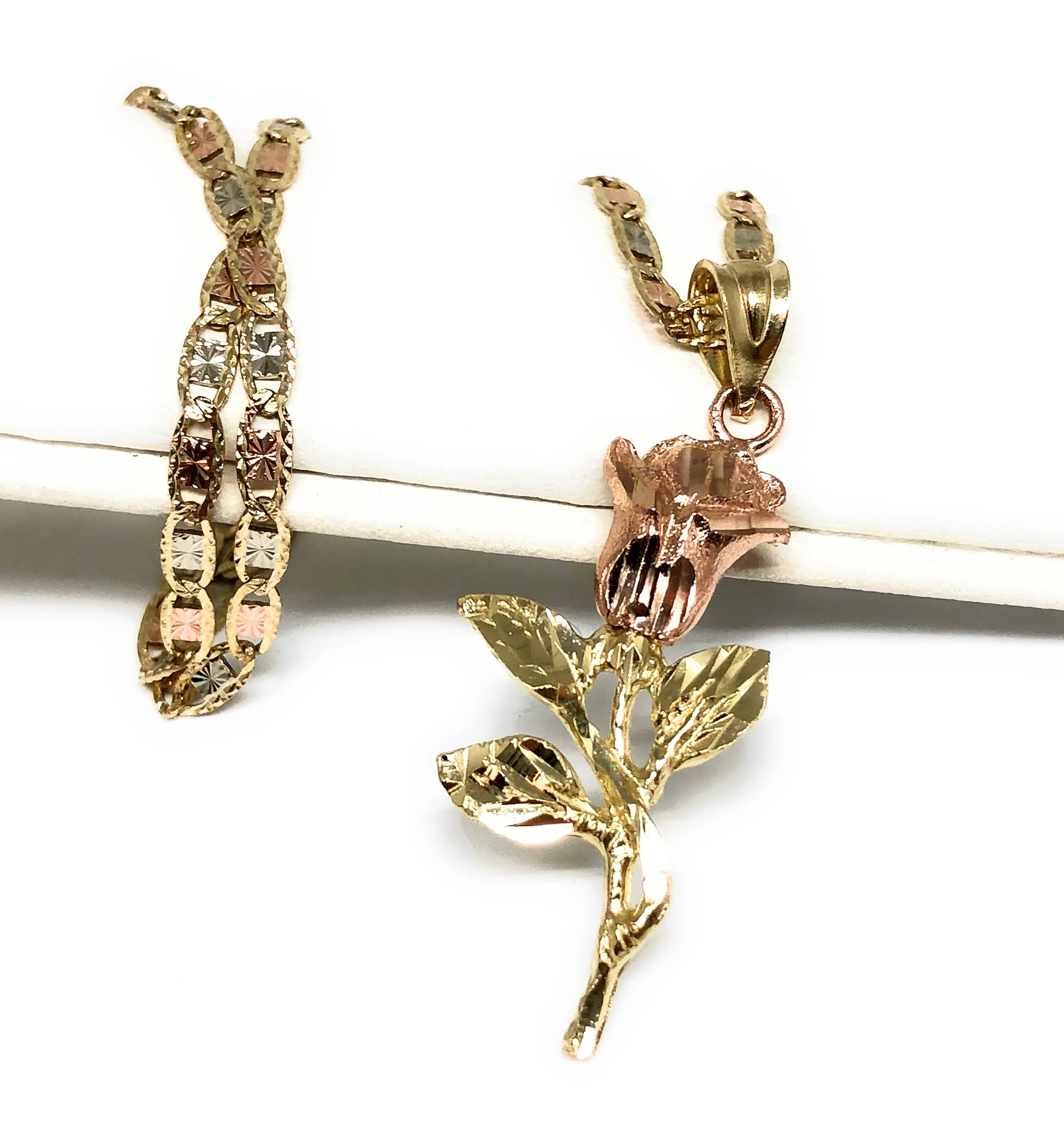 14k Solid Gold Yellow & Rose Pendant Necklace Tri-Color Valentina Chain - Image 3