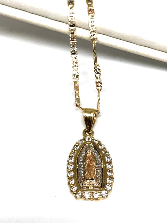 14k Solid Gold Yellow & Rose Virrgin Mary CZ Pendant Virrgen Guadalupe Valentina Chain (XS, SM, MED) - Image 3