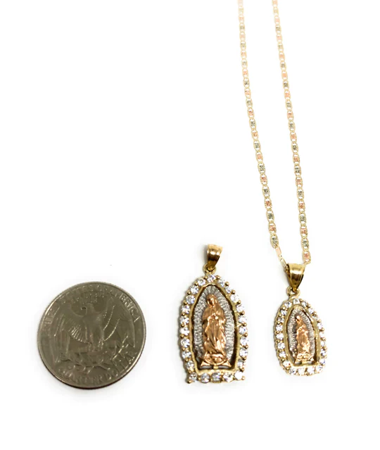 14k Solid Gold Yellow & Rose Virrgin Mary CZ Pendant Virrgen Guadalupe Valentina Chain (XS, SM, MED) - Image 4