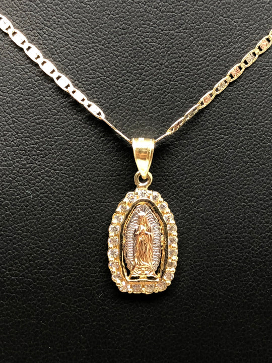14k Solid Gold Yellow & Rose Virrgin Mary CZ Pendant Virrgen Guadalupe Valentina Chain (XS, SM, MED) - Image 5