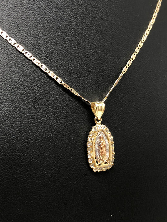 14k Solid Gold Yellow & Rose Virrgin Mary CZ Pendant Virrgen Guadalupe Valentina Chain (XS, SM, MED) - Image 6