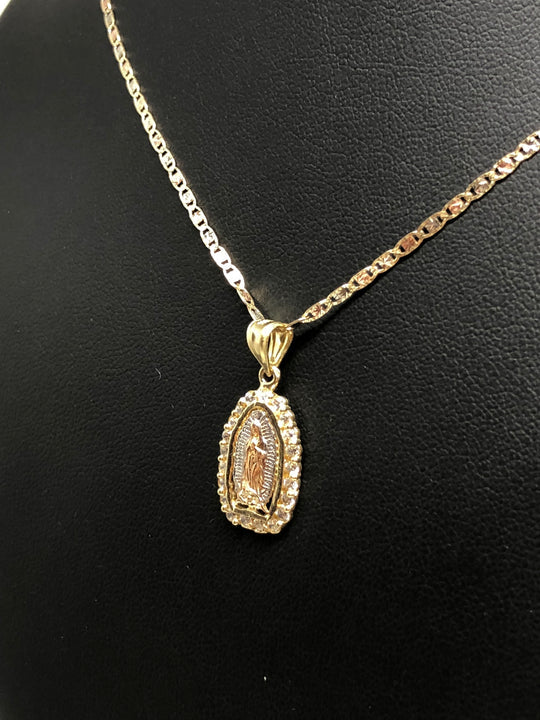 14k Solid Gold Yellow & Rose Virrgin Mary CZ Pendant Virrgen Guadalupe Valentina Chain (XS, SM, MED) - Image 7