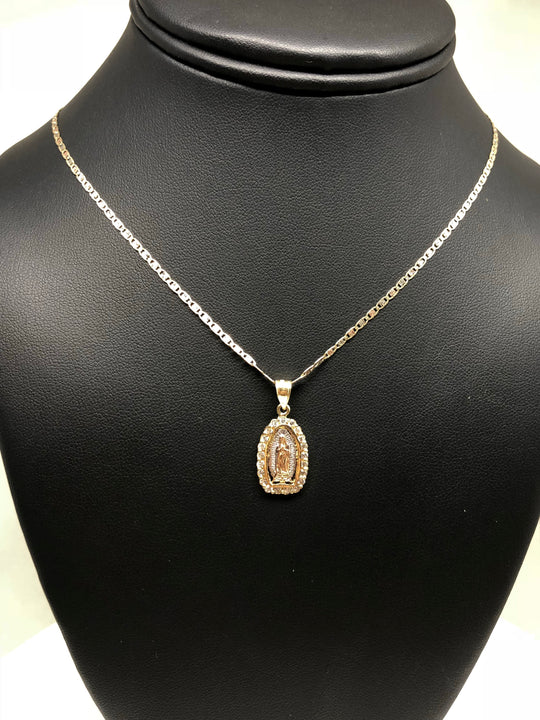14k Solid Gold Yellow & Rose Virrgin Mary CZ Pendant Virrgen Guadalupe Valentina Chain (XS, SM, MED) - Image 8